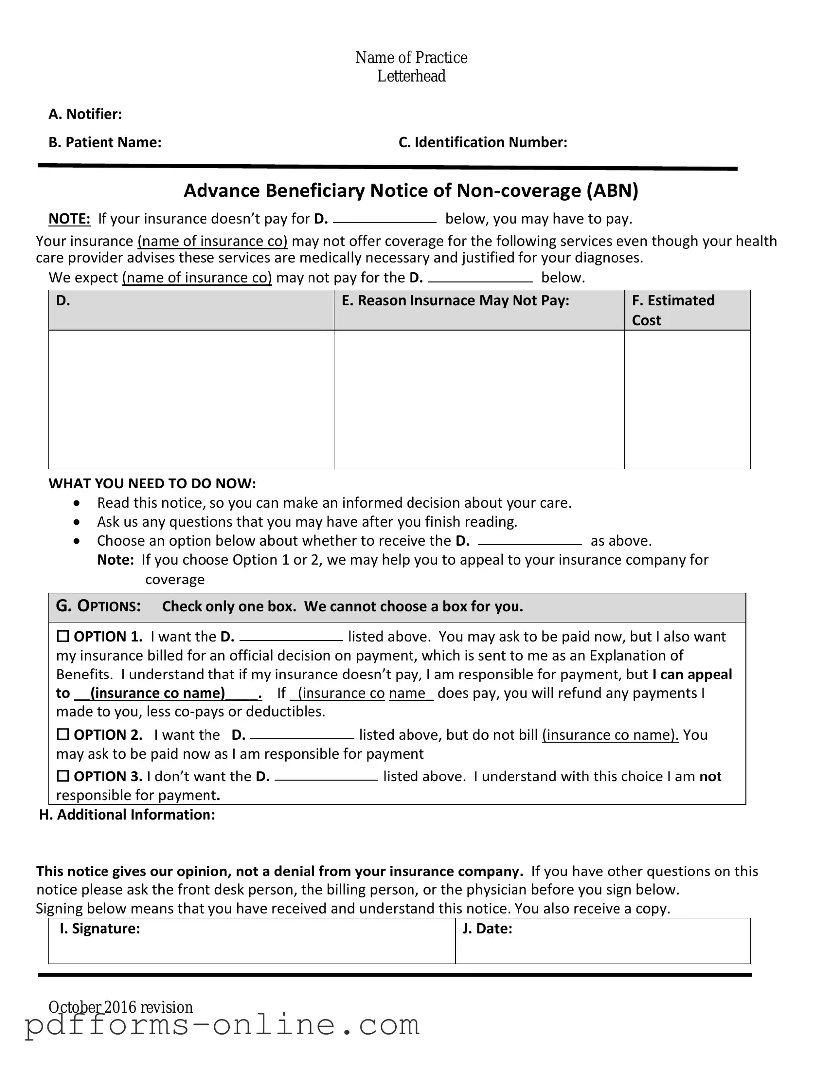 Blank Advance Beneficiary Notice of Non-coverage Template