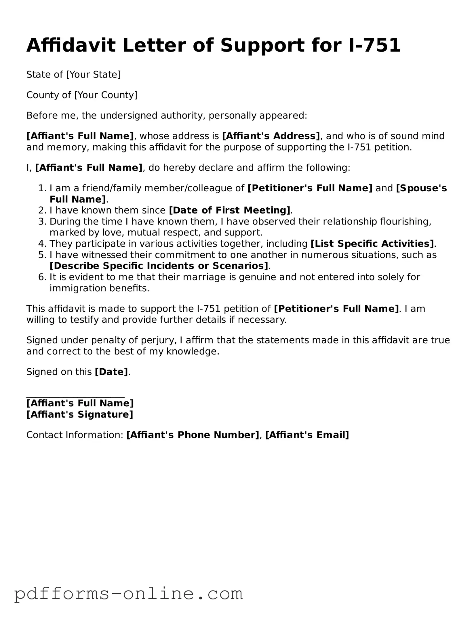 Blank Affidavit Letter of Support for I-751 Form