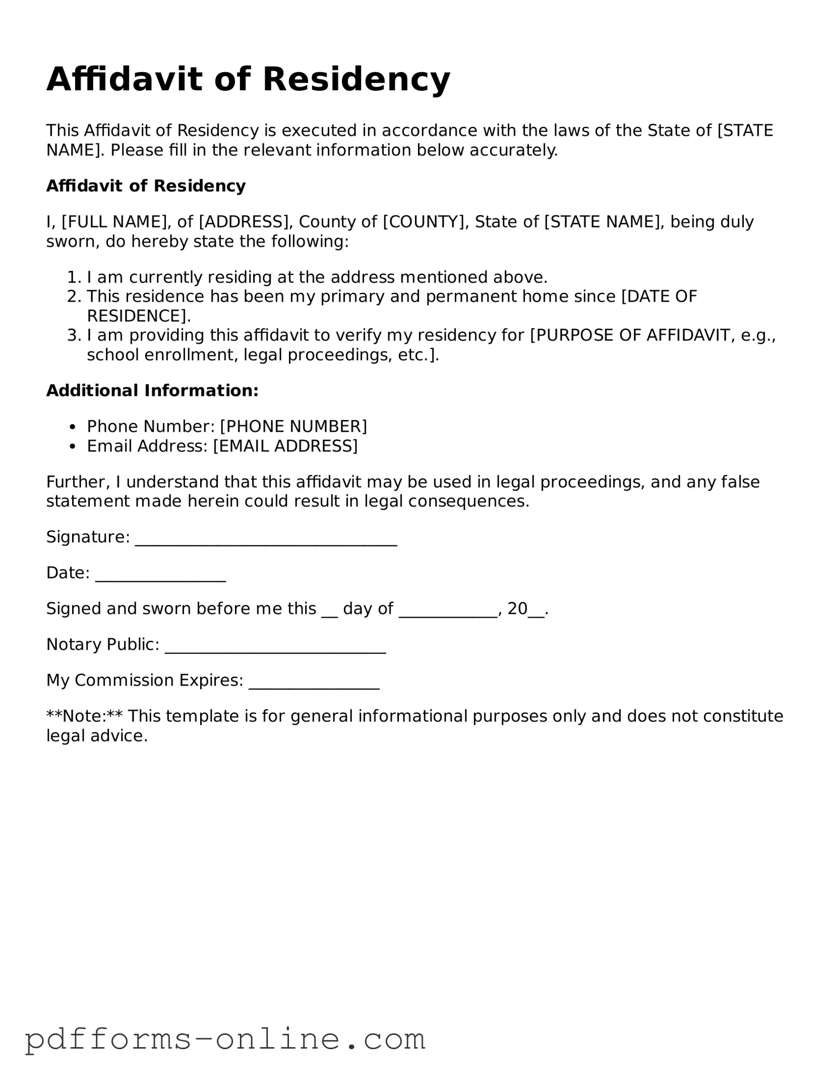 Blank Affidavit of Residency Form