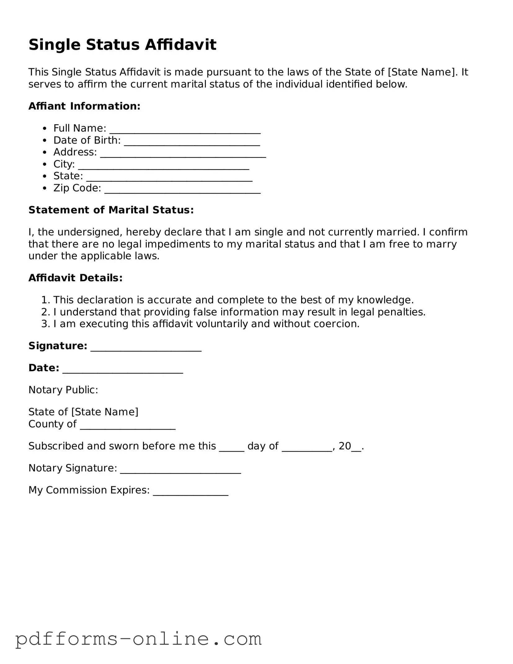 Blank Single Status Affidavit Form