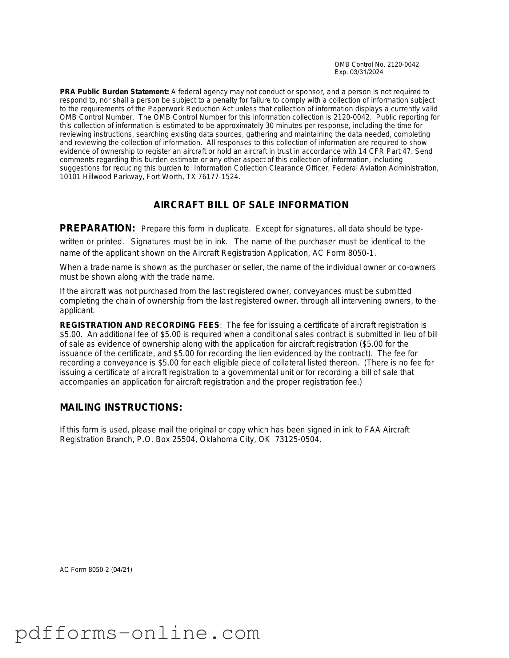 Blank Aircraft Bill of Sale AC 8050-2 Template