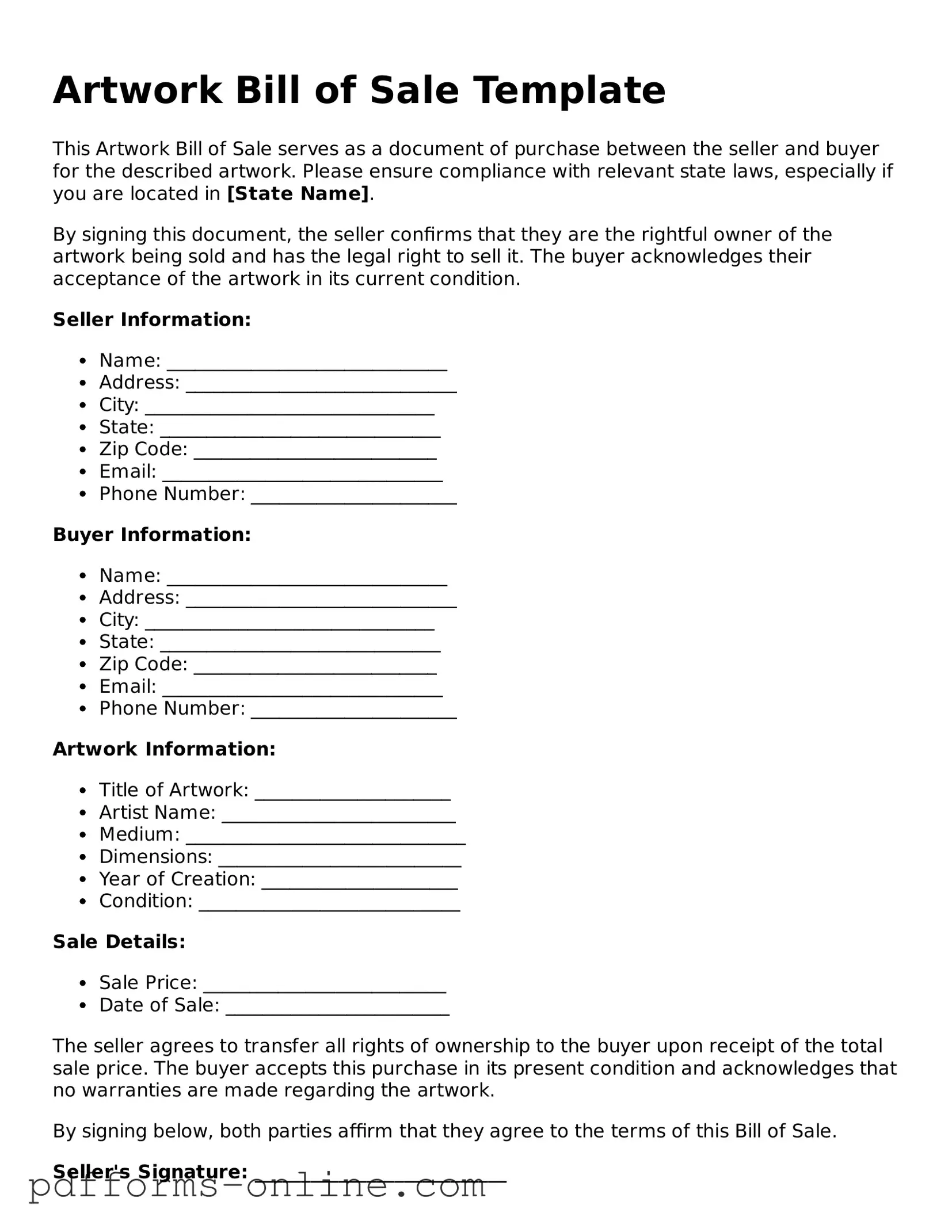 Blank Artwork Bill of Sale Form