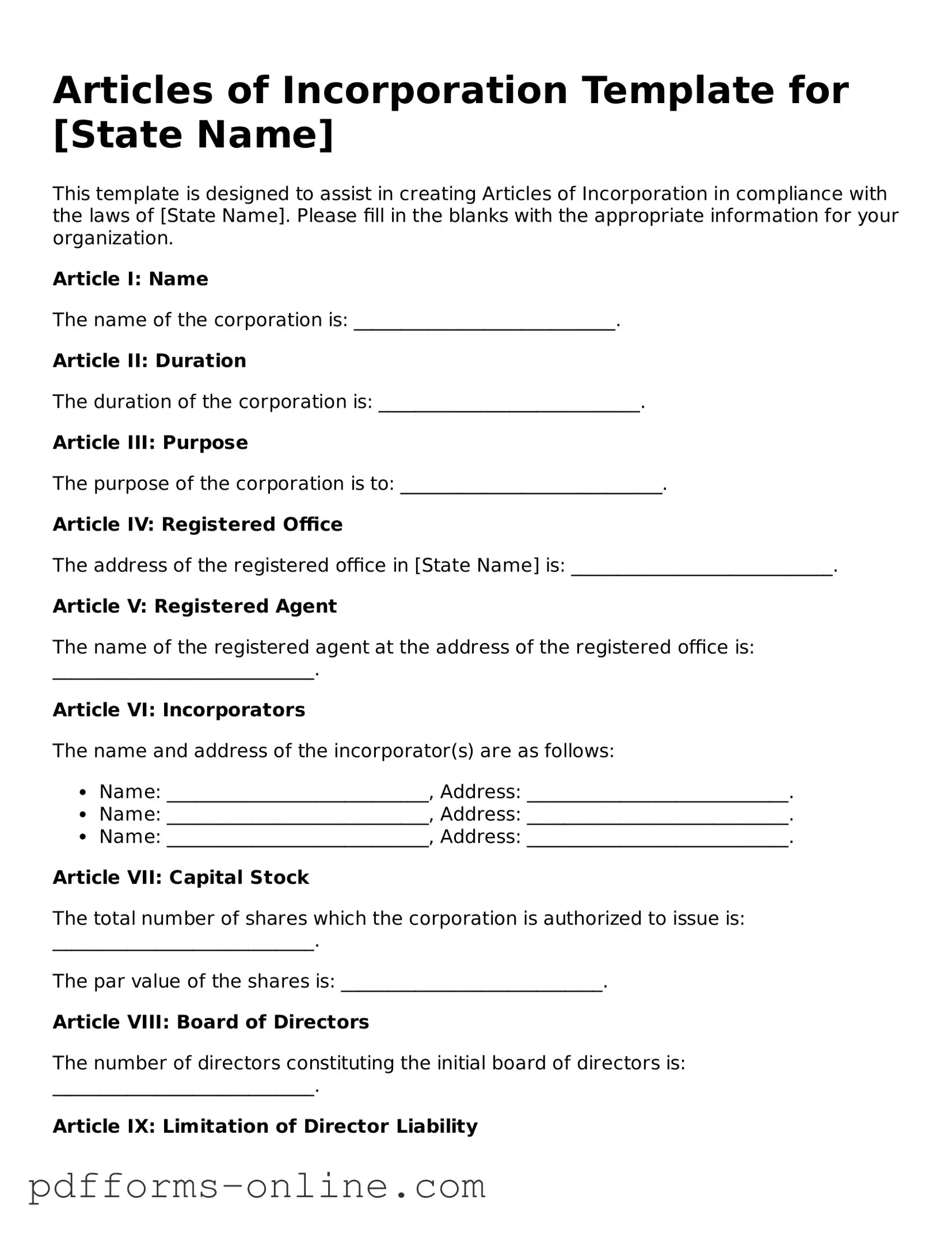 Blank Articles of Incorporation Form
