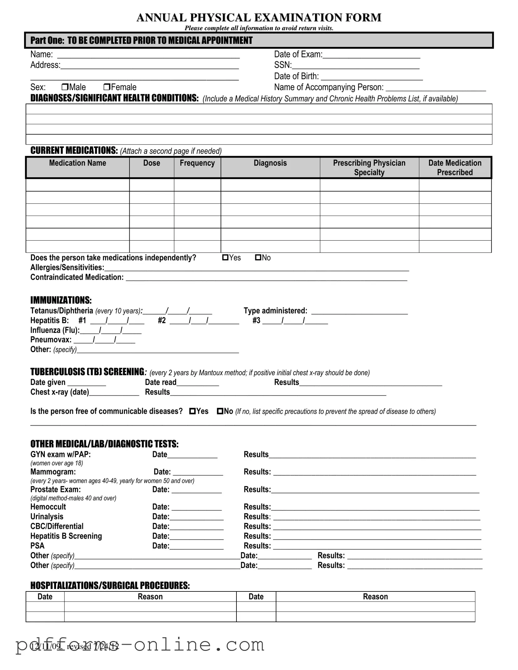 Blank Annual Physical Examination Template