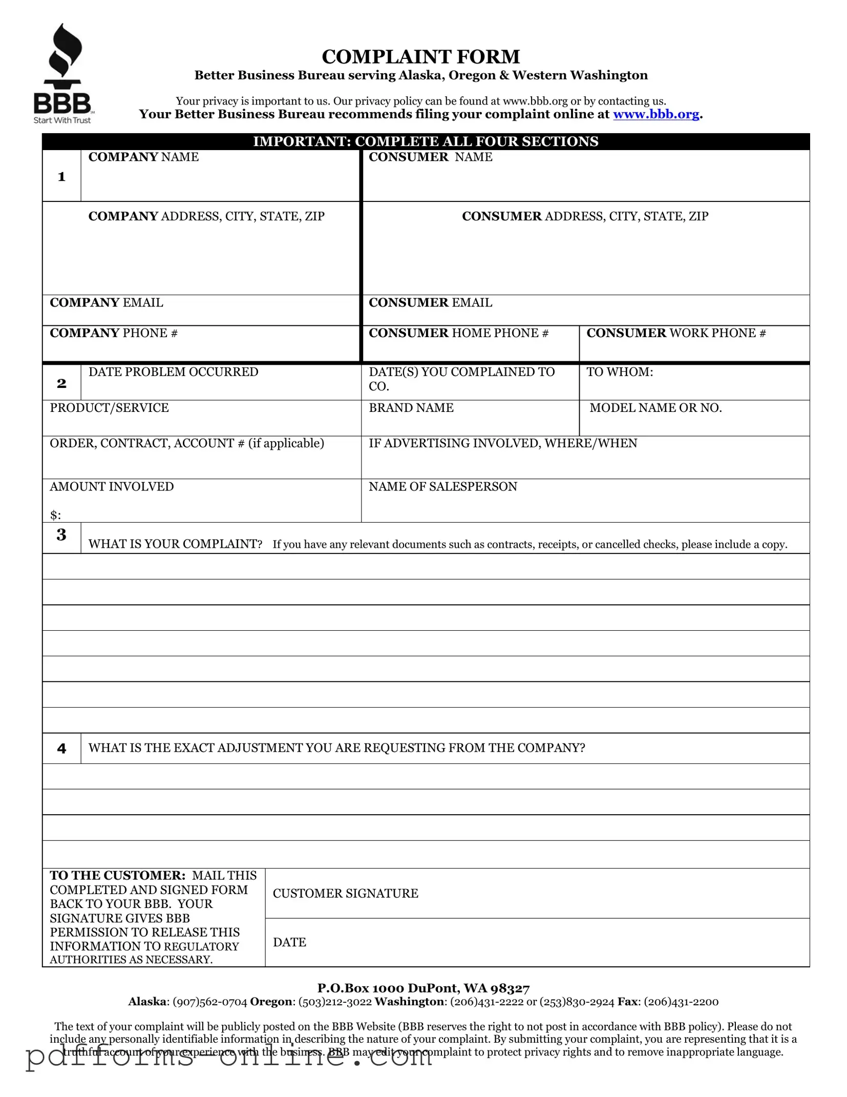 Blank Bbb Complaint Template