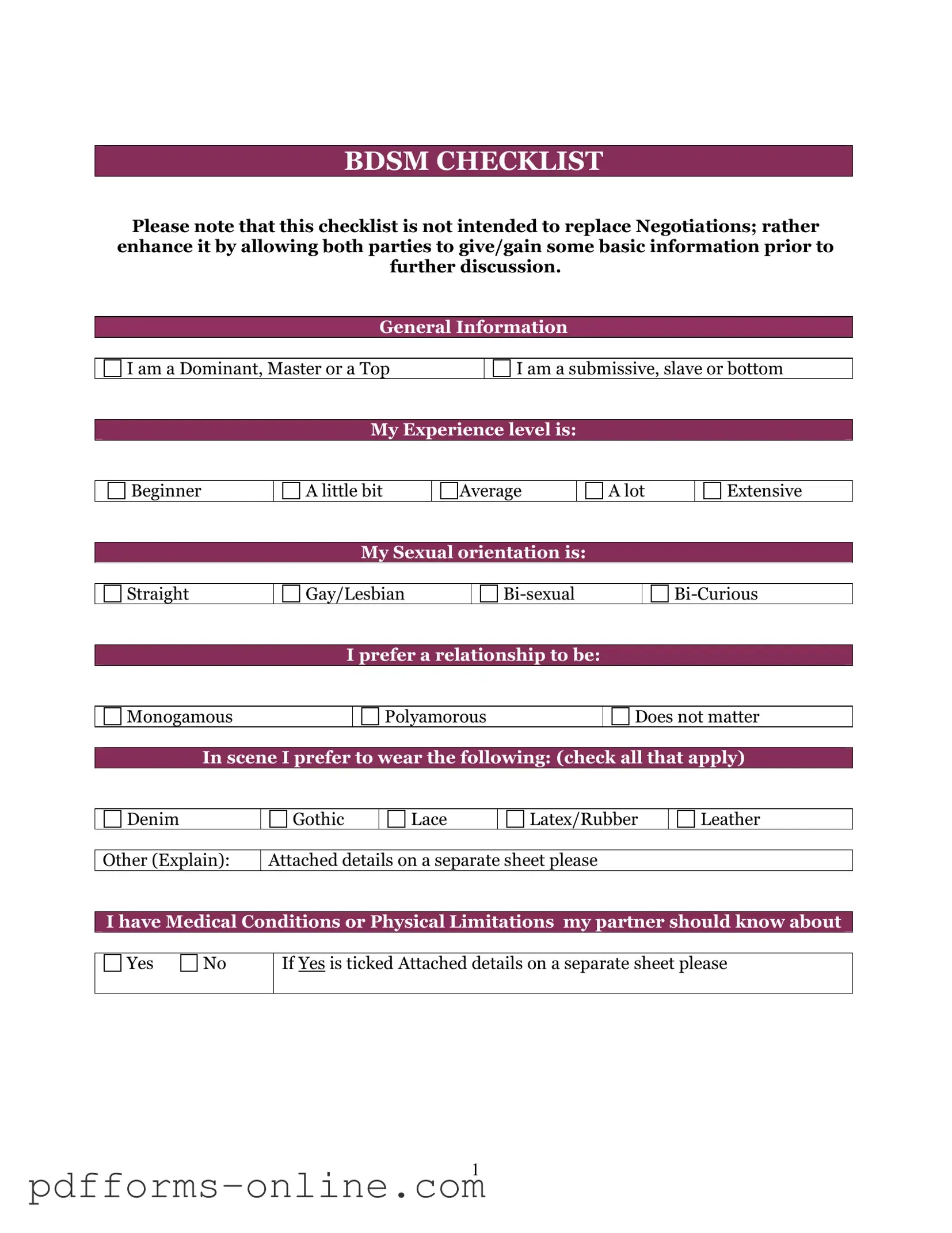 Blank Bdsm Checklist Template