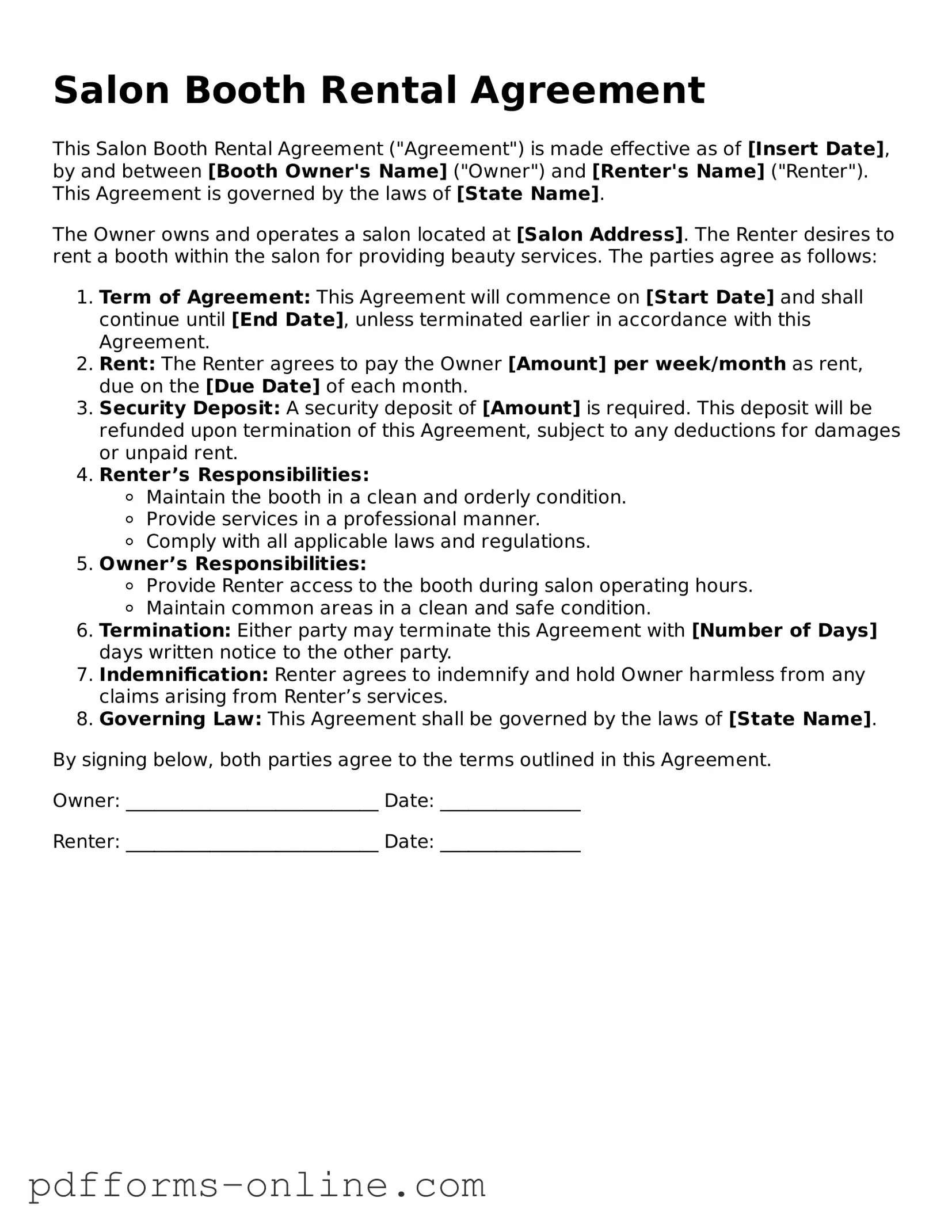 Blank Salon Booth Rental Agreement Form