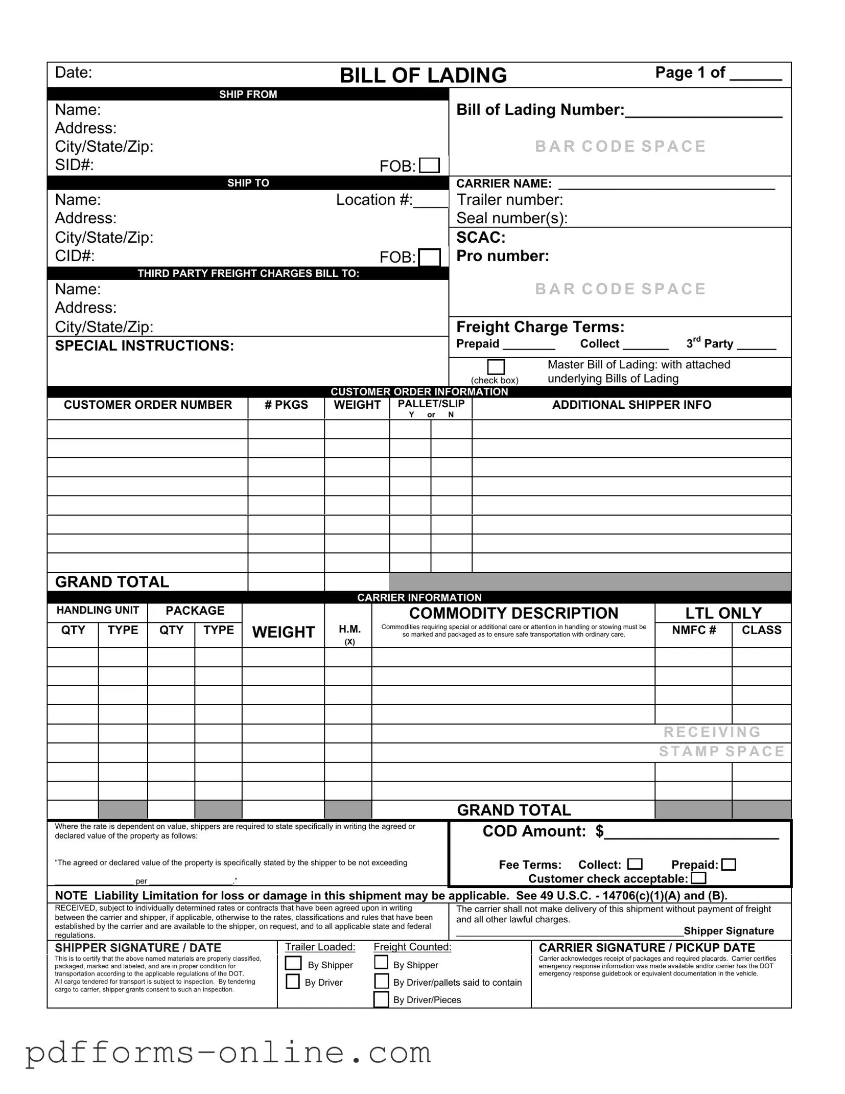Blank Bill of Lading with a Supplement Template
