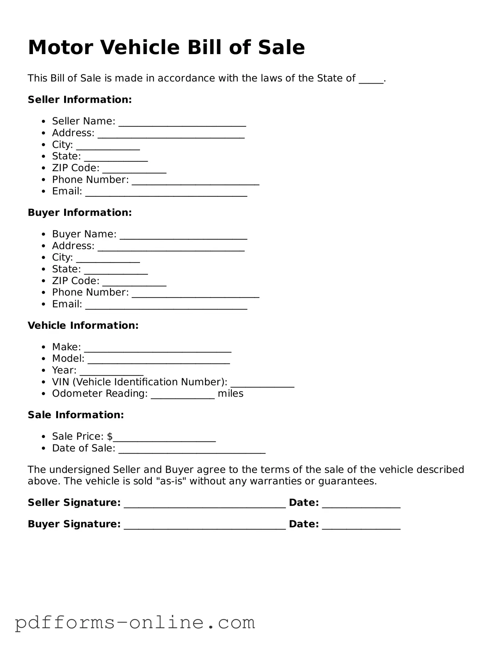Blank Motor Vehicle Bill of Sale Form
