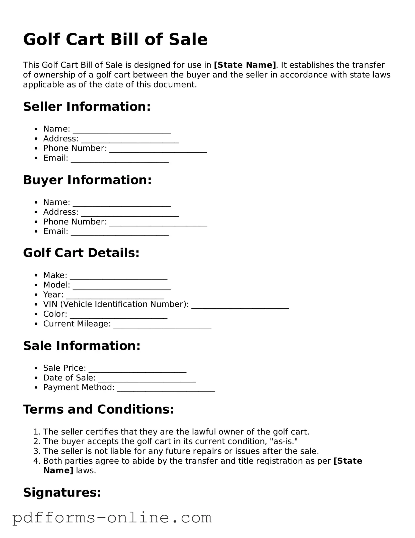 Blank Golf Cart Bill of Sale Form