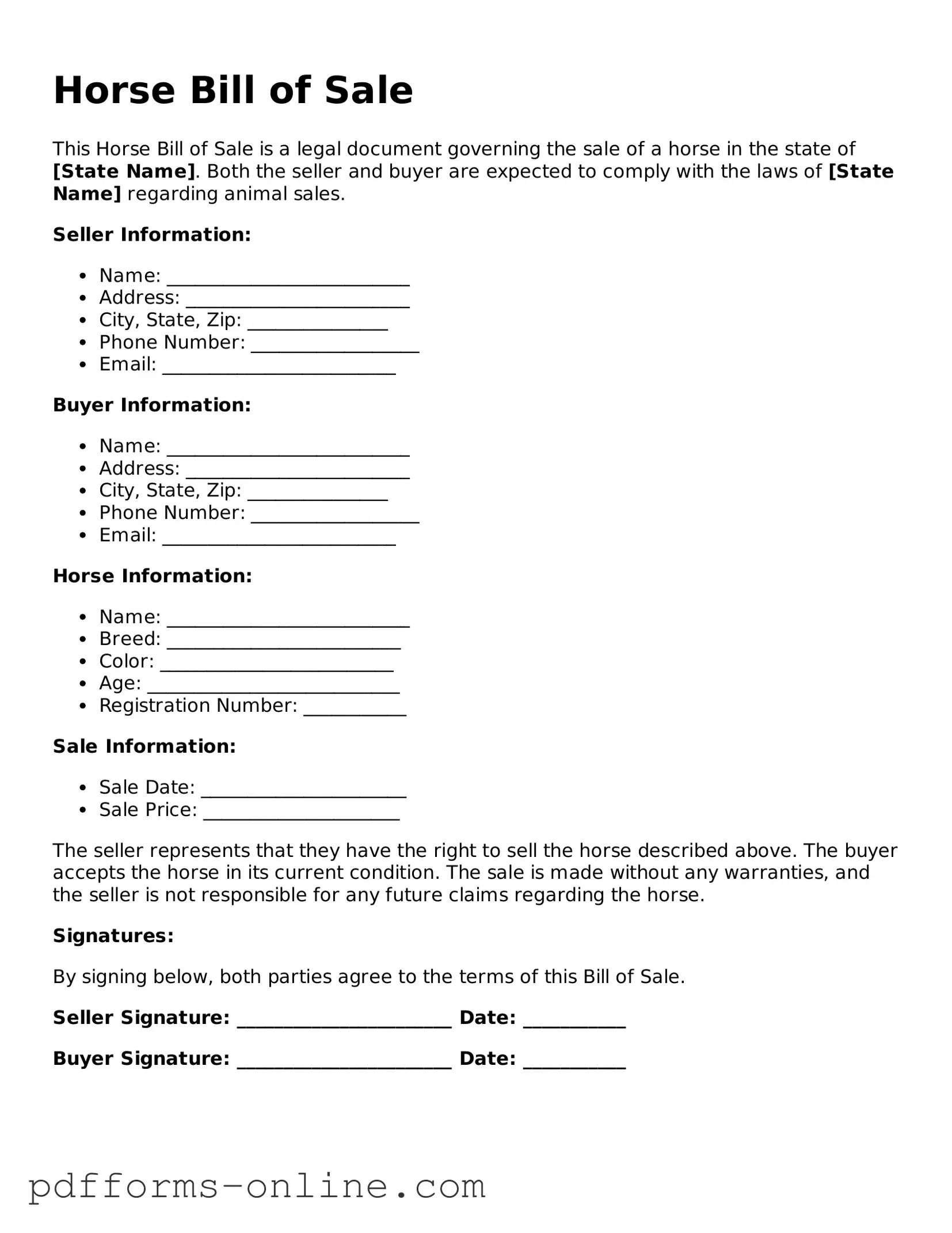Blank Horse Bill of Sale Form