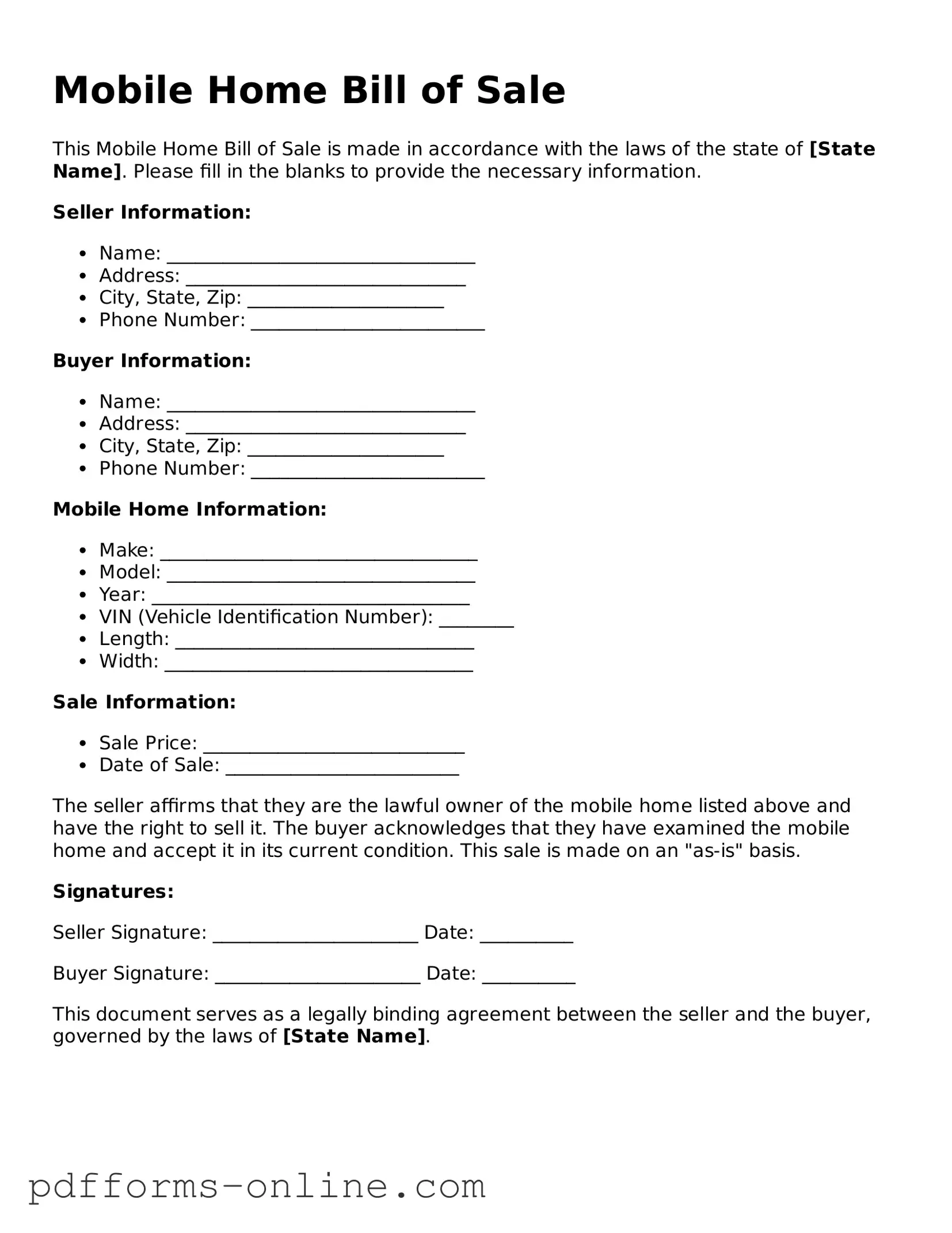 Blank Mobile Home Bill of Sale Form