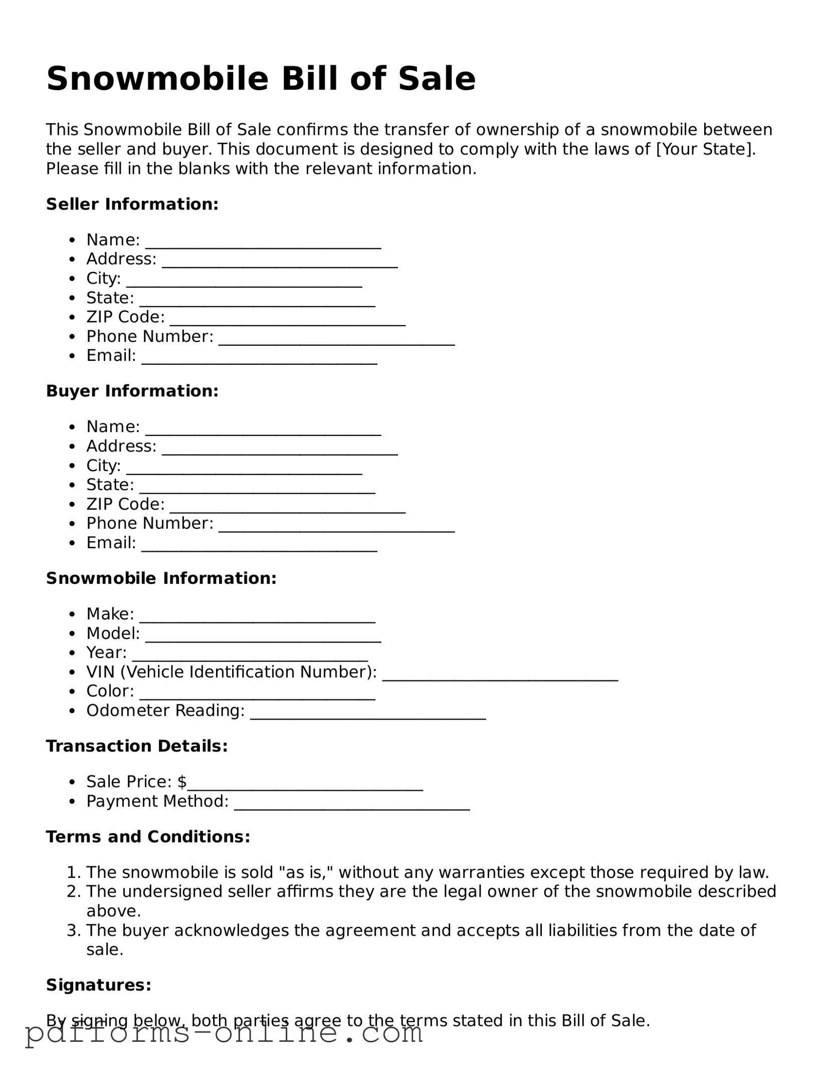 Blank Snowmobile Bill of Sale Form