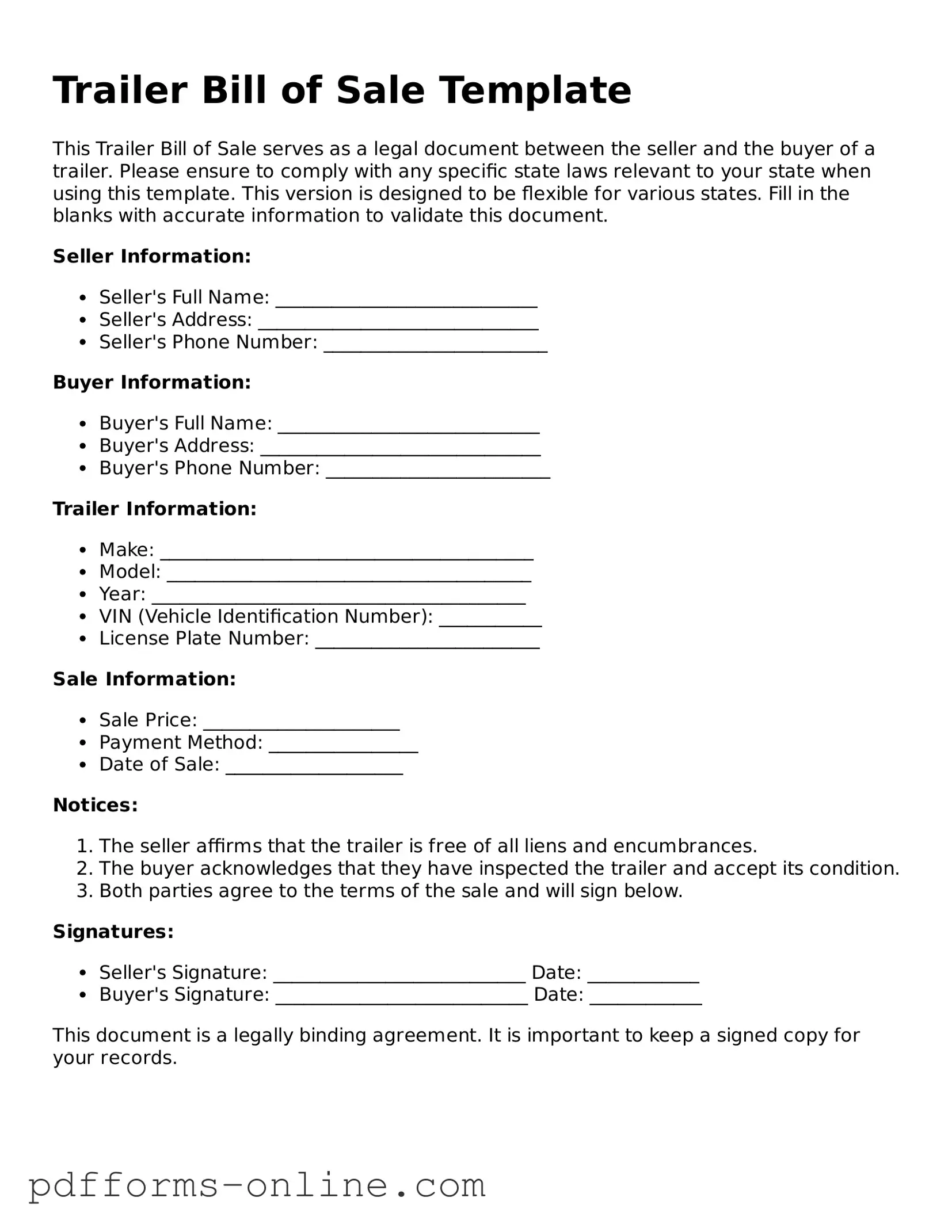 Blank Trailer Bill of Sale Form