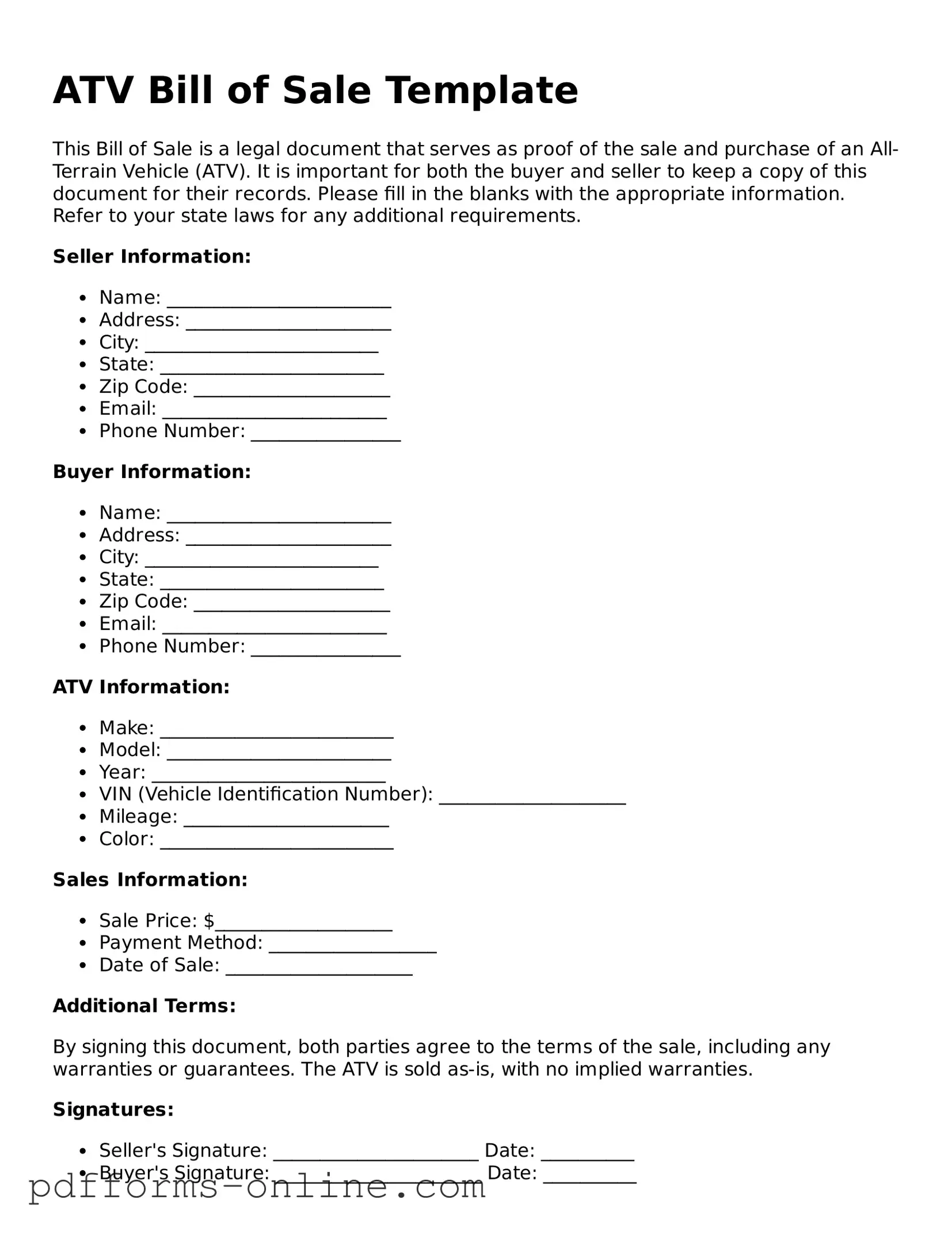 Blank ATV Bill of Sale Form