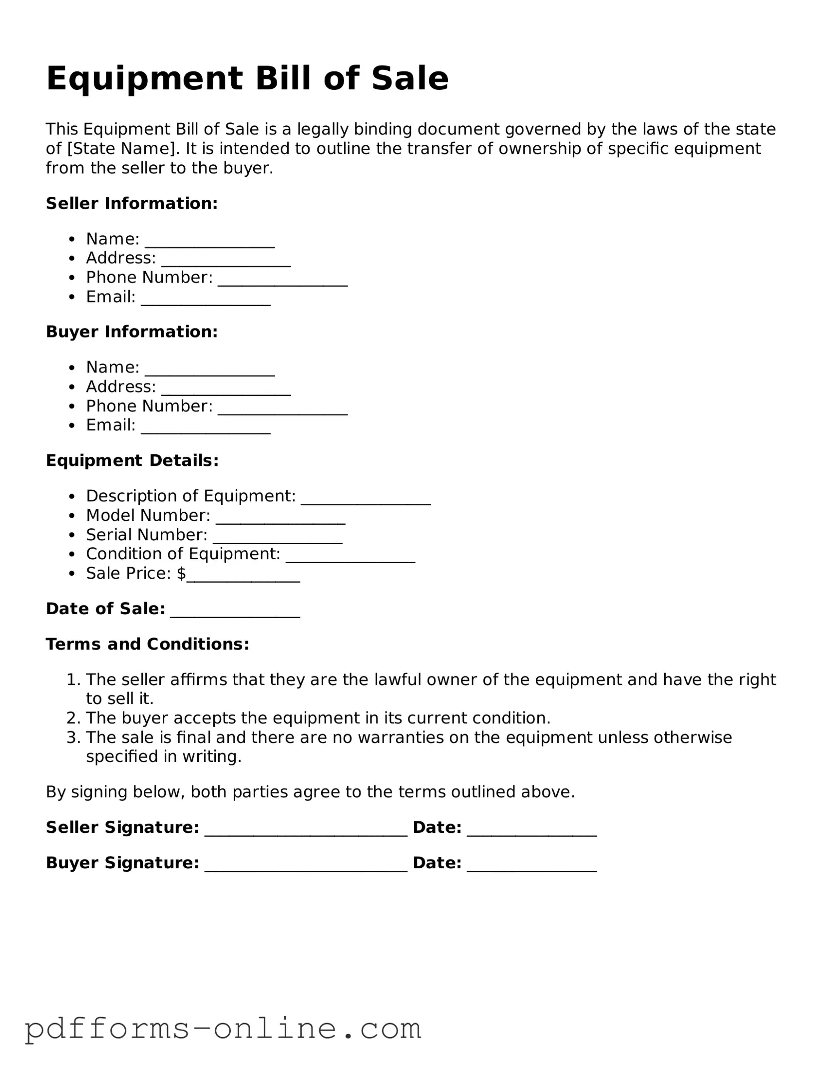 Blank Equipment Bill of Sale Form