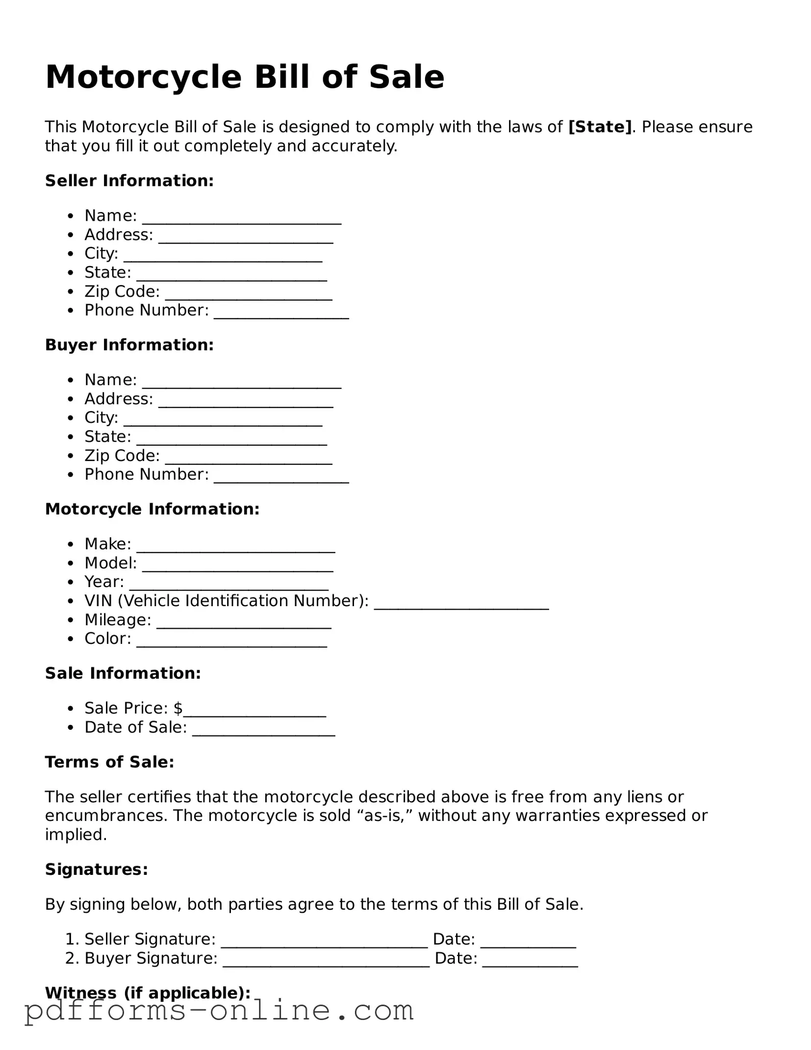Blank Motorcycle Bill of Sale Form