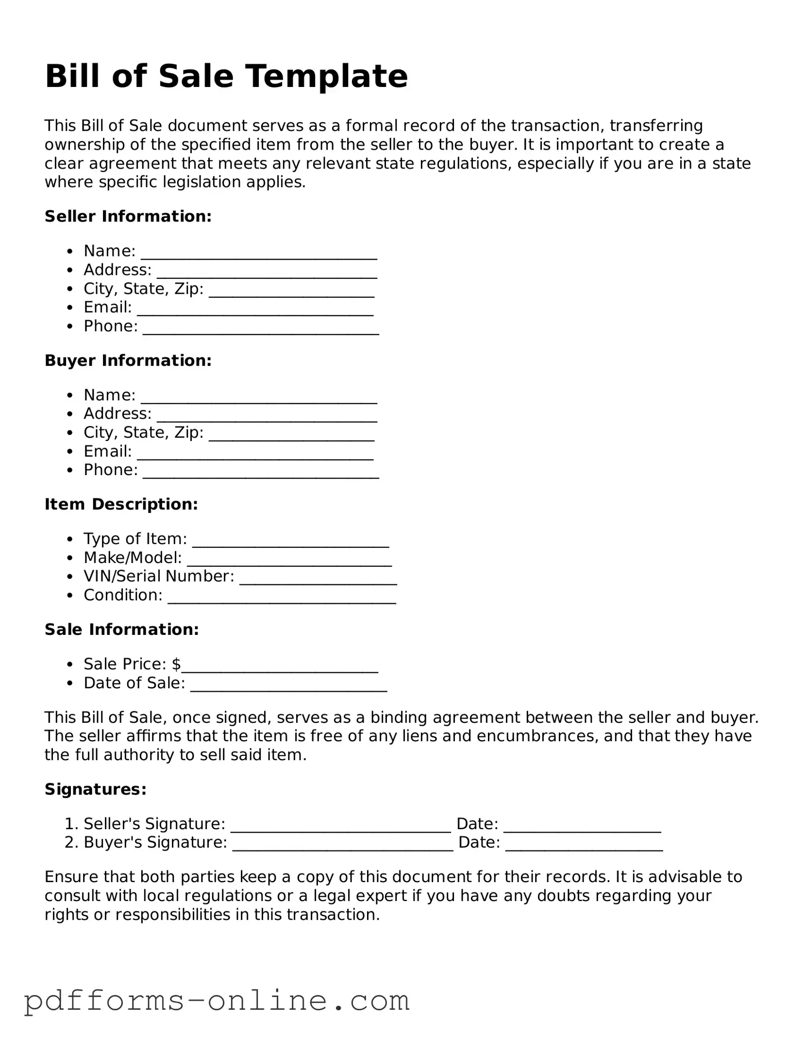 Blank Bill of Sale Form