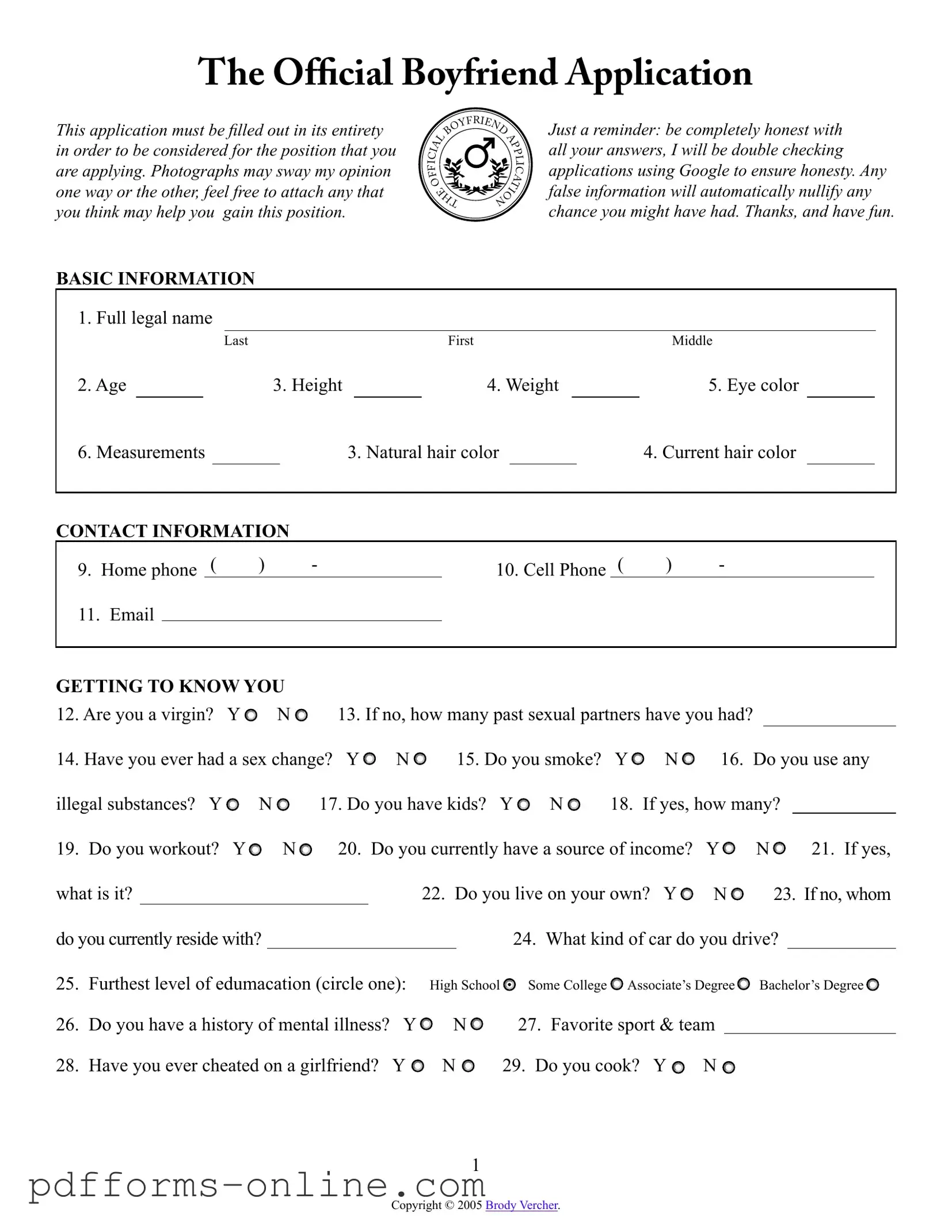 Blank Boyfriend application form Template