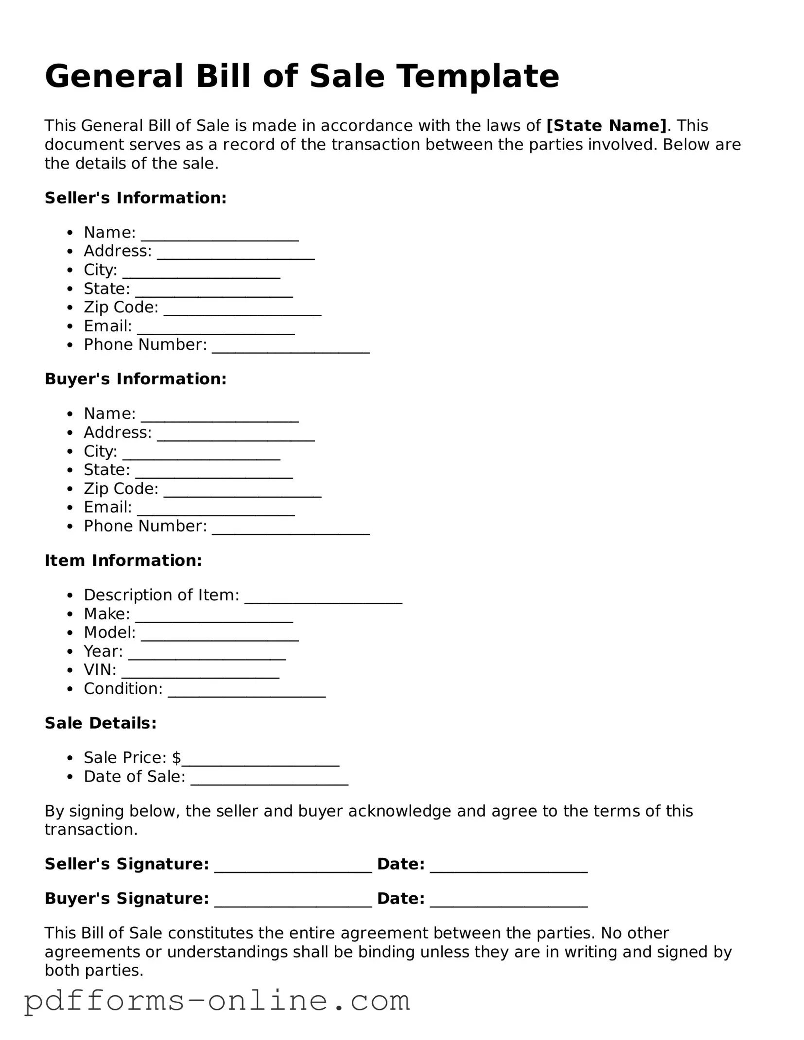 Blank General Bill of Sale Form