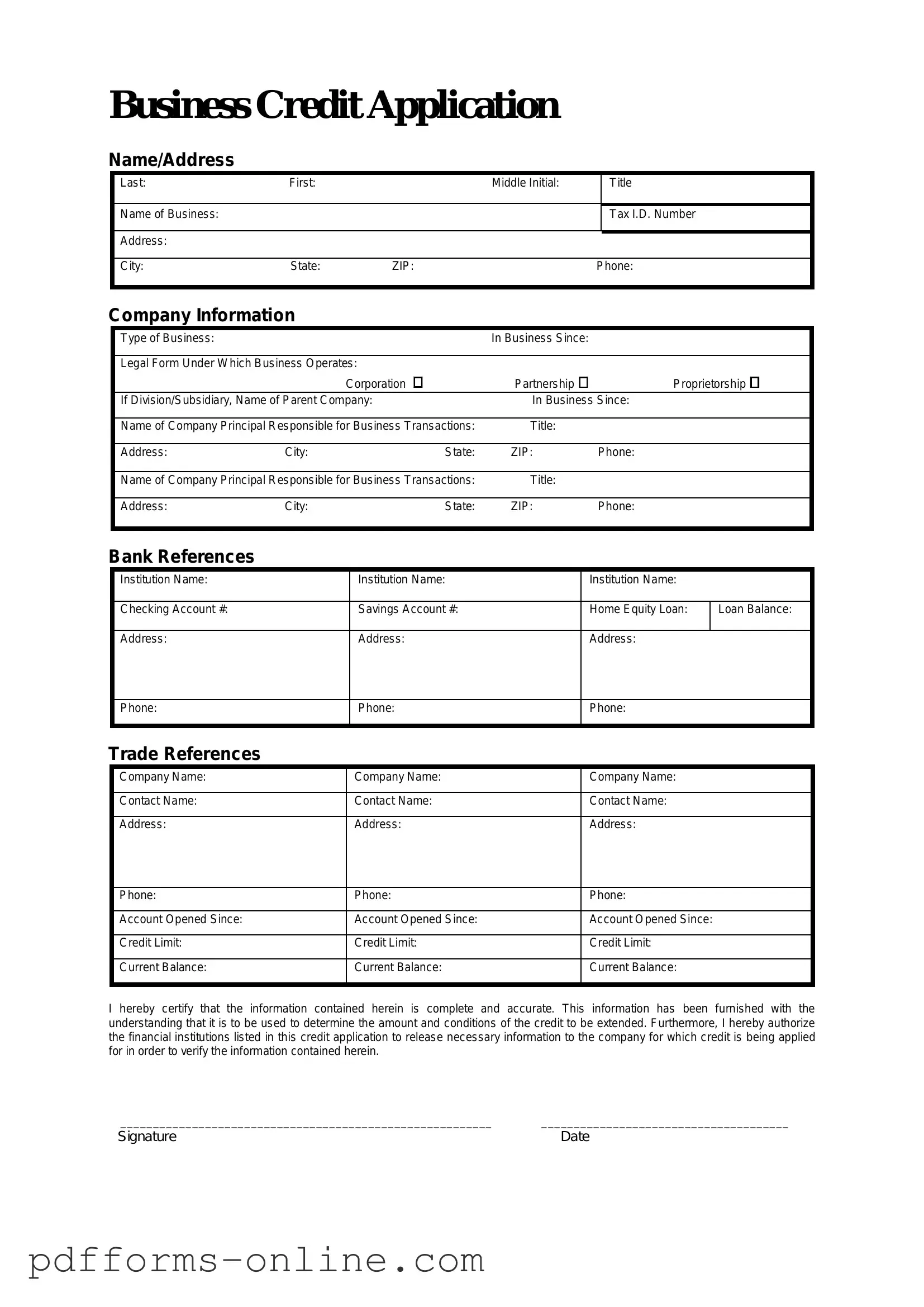 Blank Business Credit Application Template