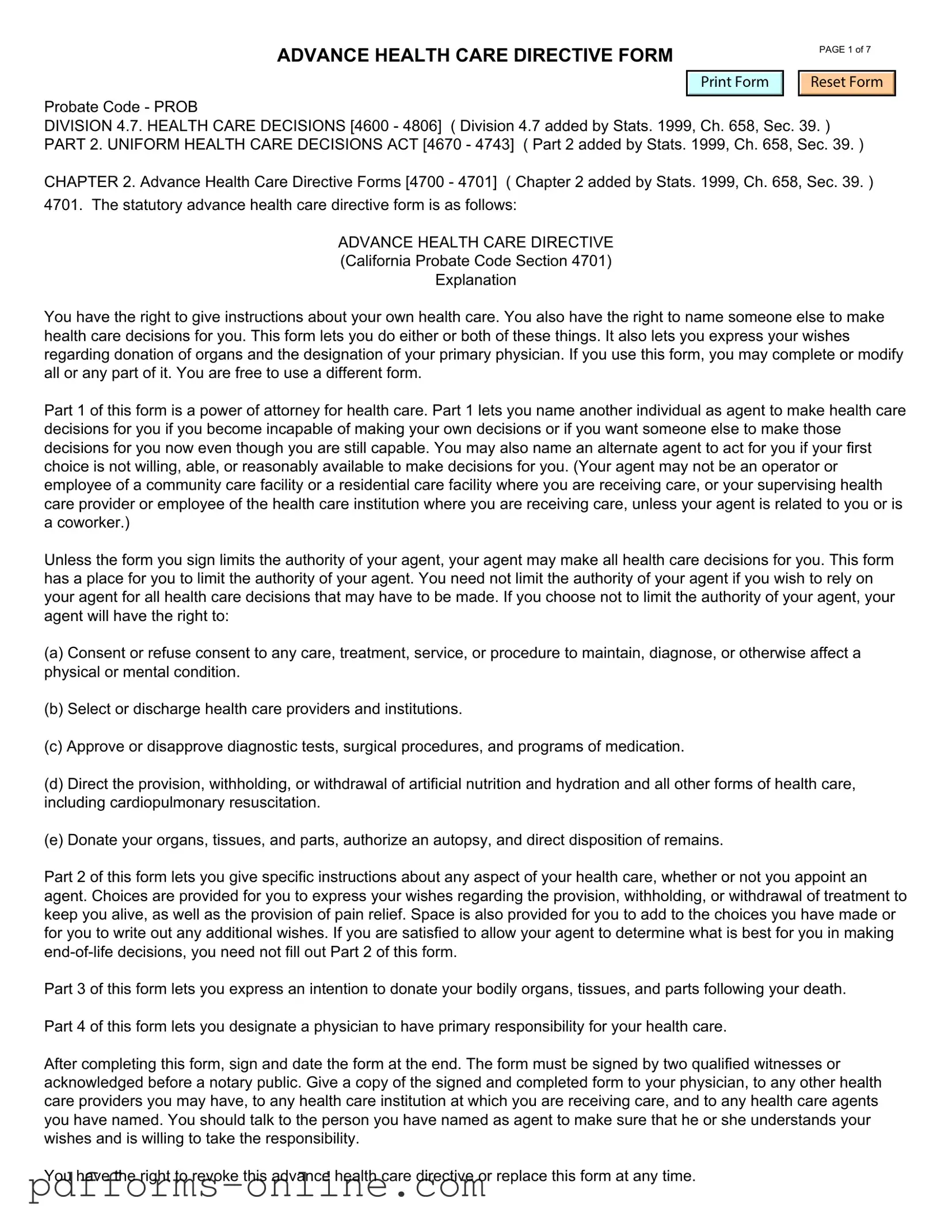 Blank California Advanced Health Care Directive Template