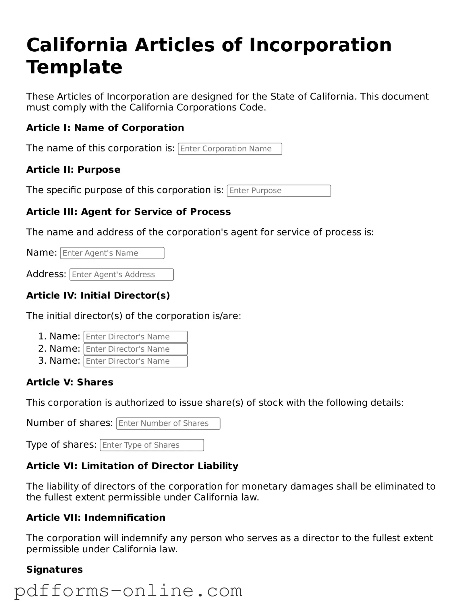 Valid California Articles of Incorporation Template