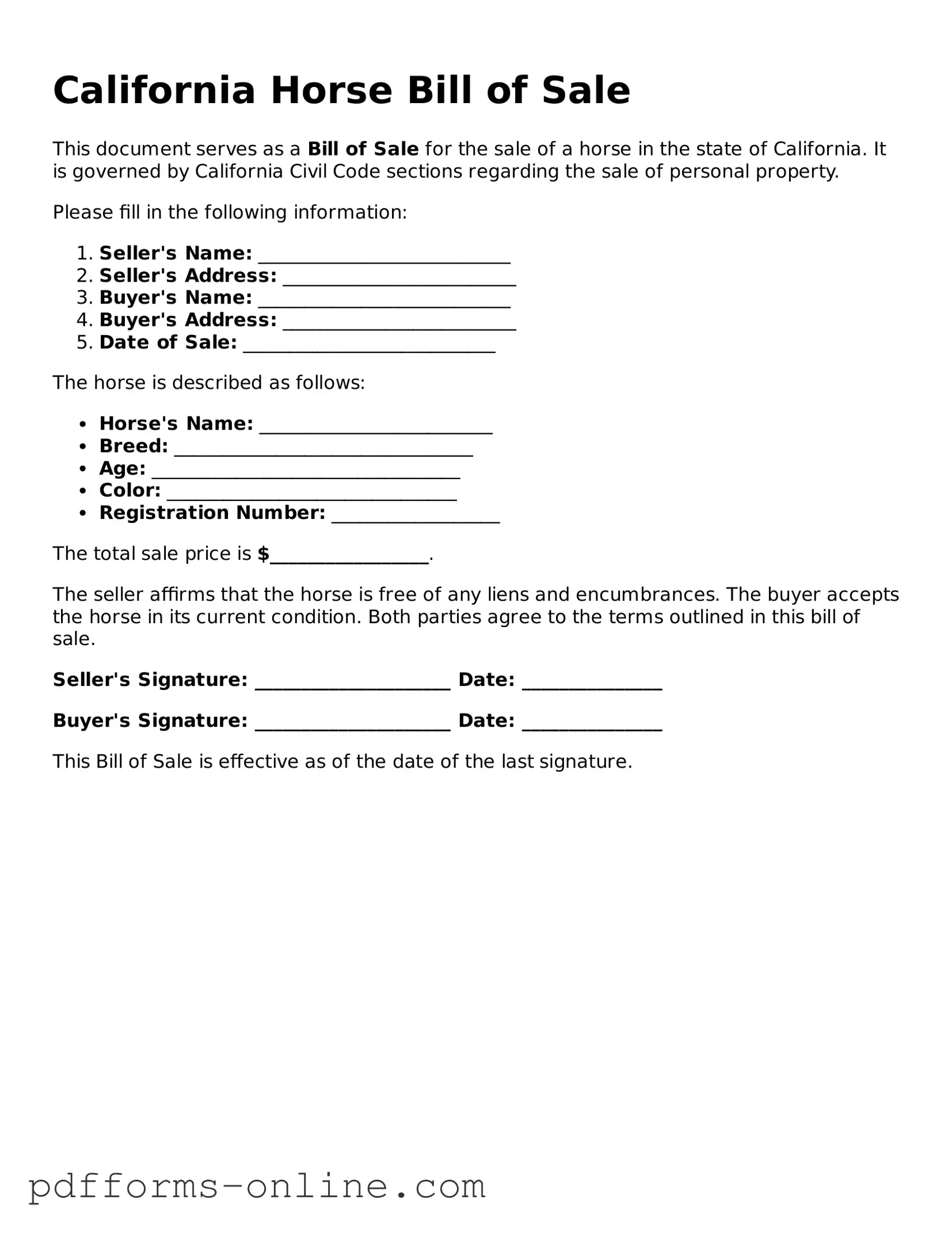 Valid California Horse Bill of Sale Template