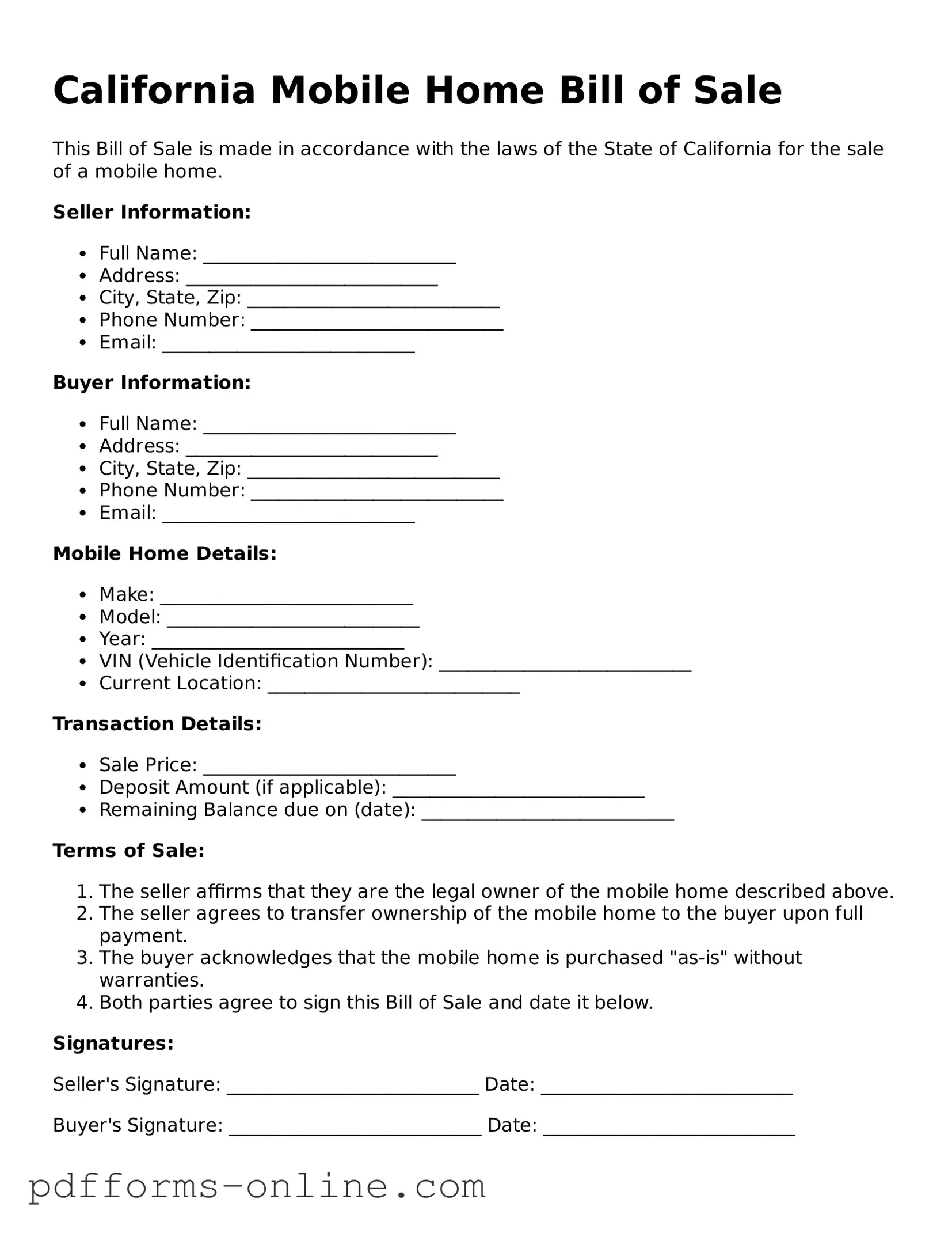 Valid California Mobile Home Bill of Sale Template
