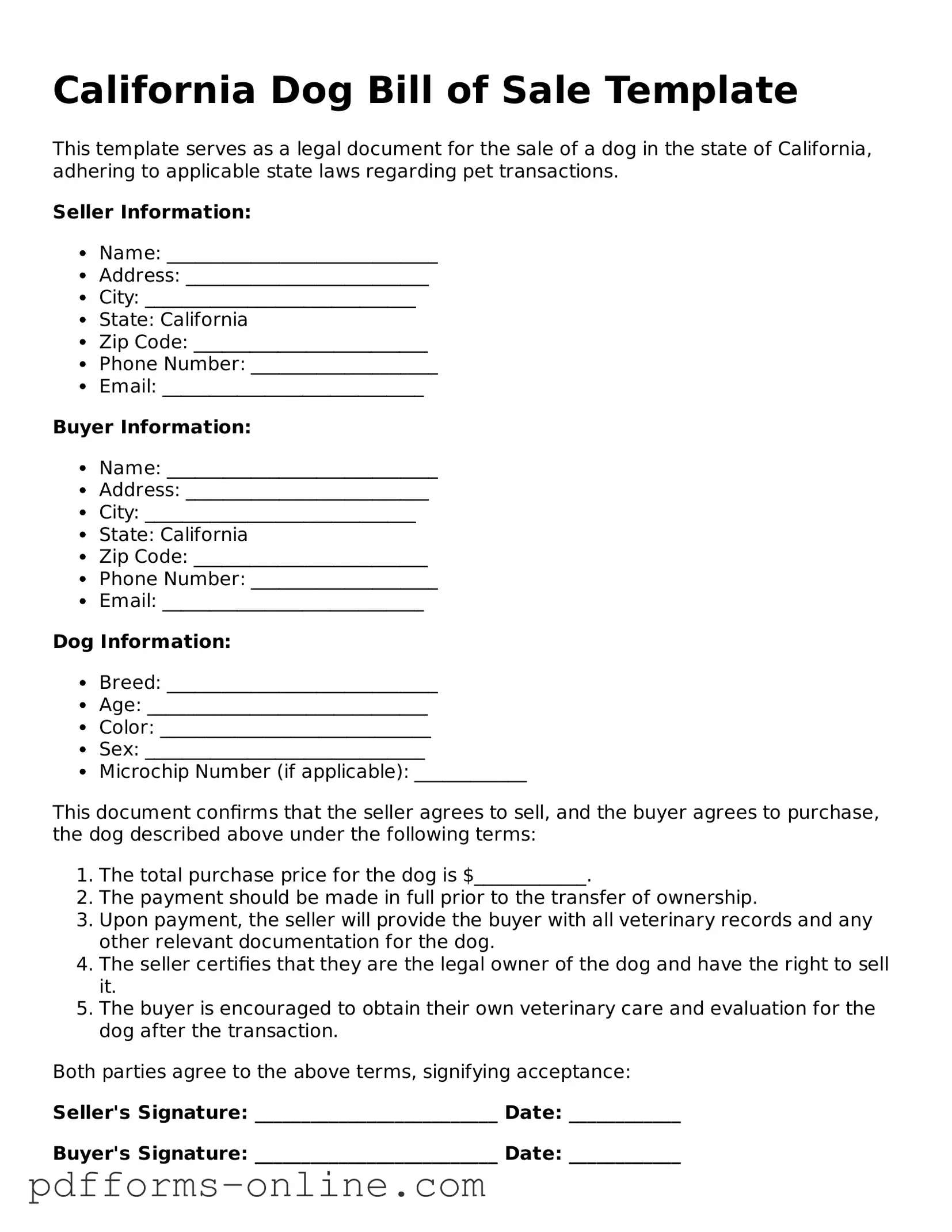Valid California Dog Bill of Sale Template