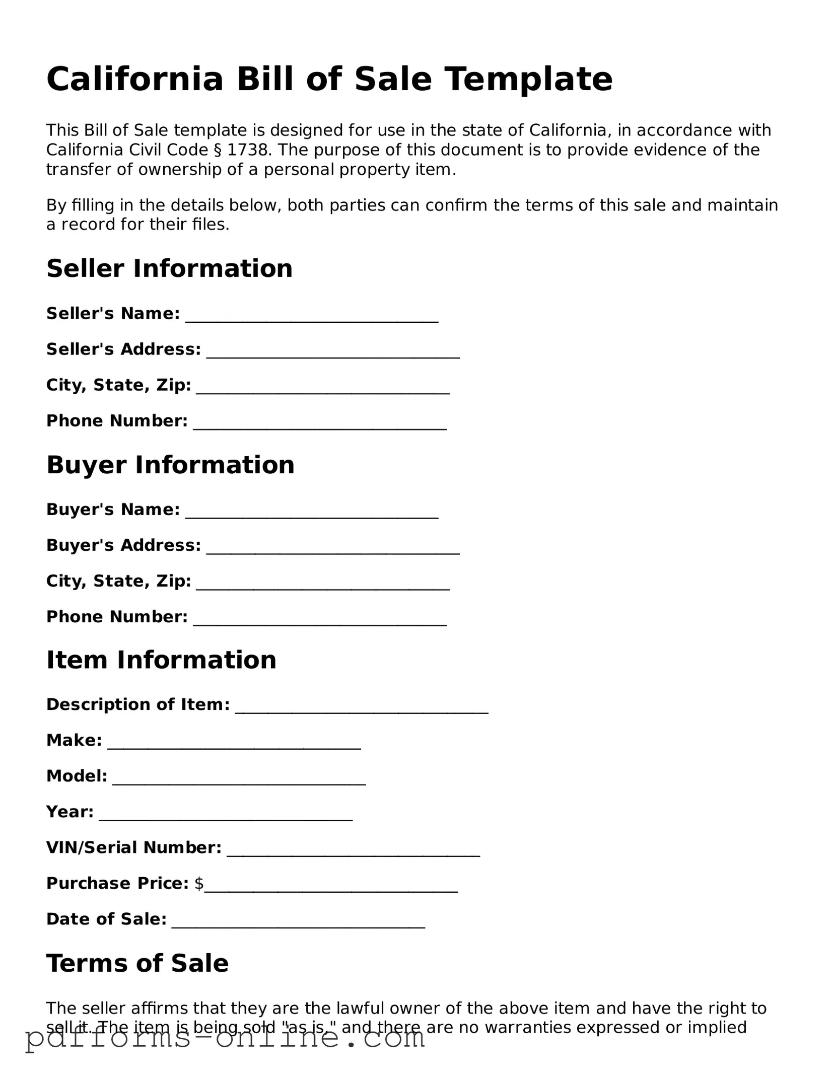 Valid California Bill of Sale Template