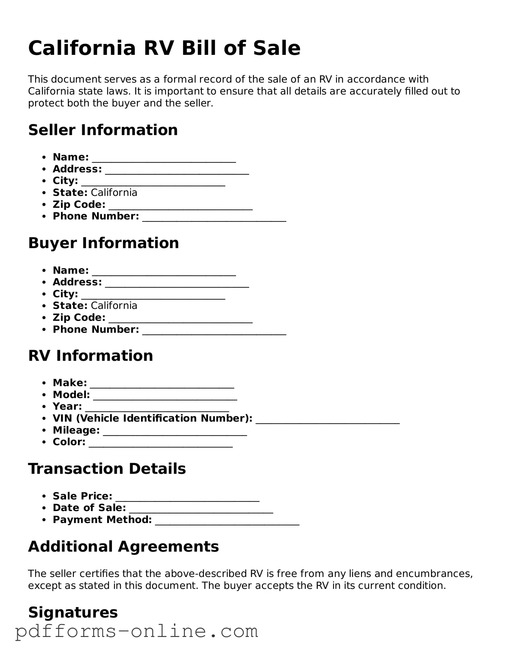 Valid California RV Bill of Sale Template