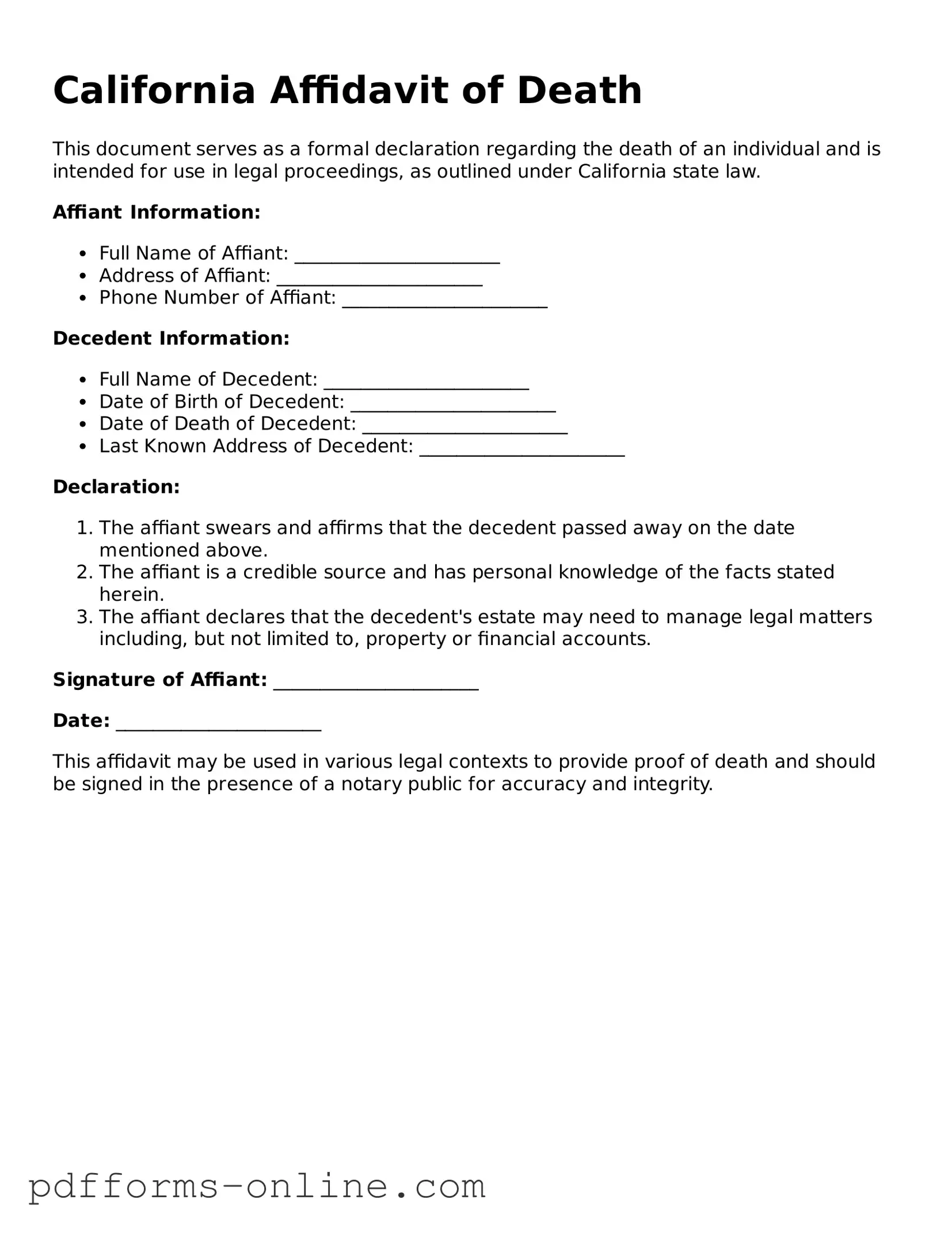 Valid California Affidavit of Death Template