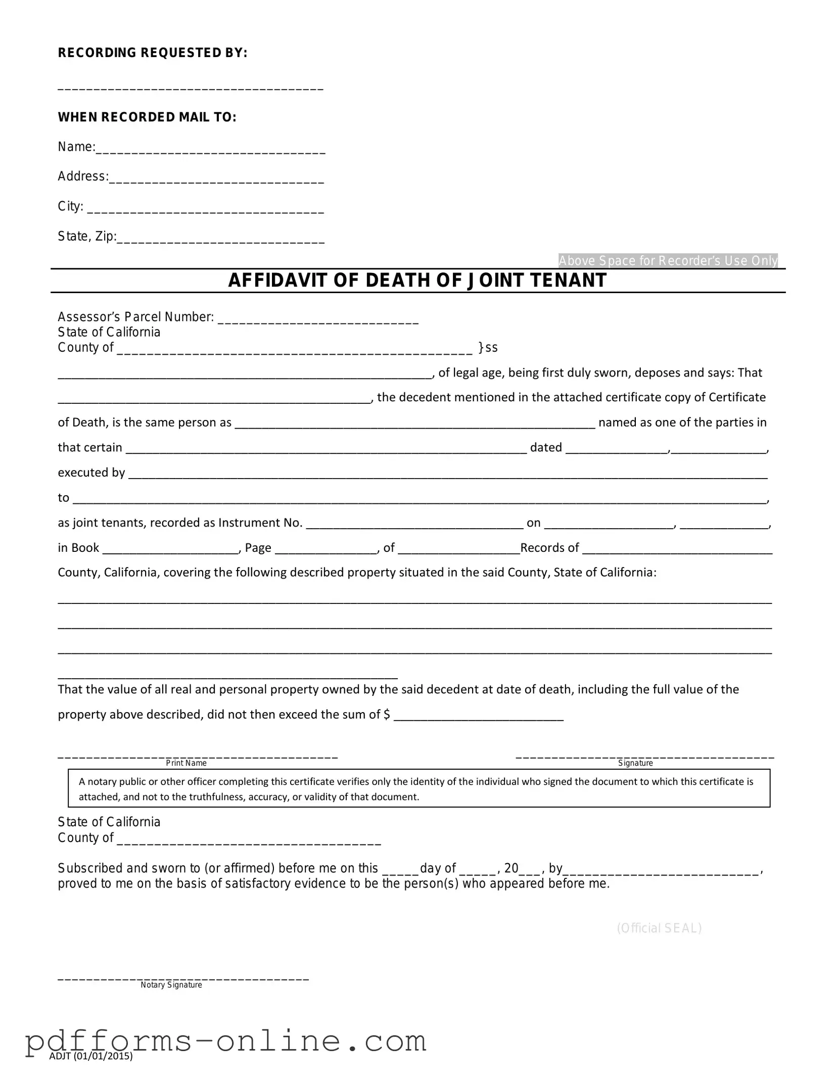 Blank California Death of a Joint Tenant Affidavit Template