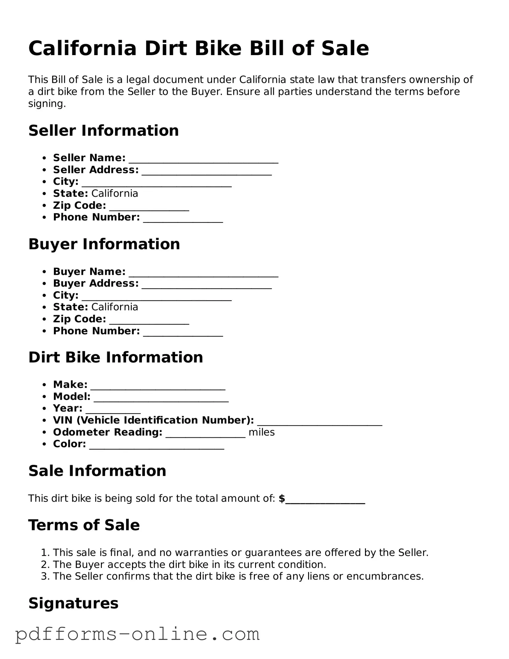 Valid California Dirt Bike Bill of Sale Template