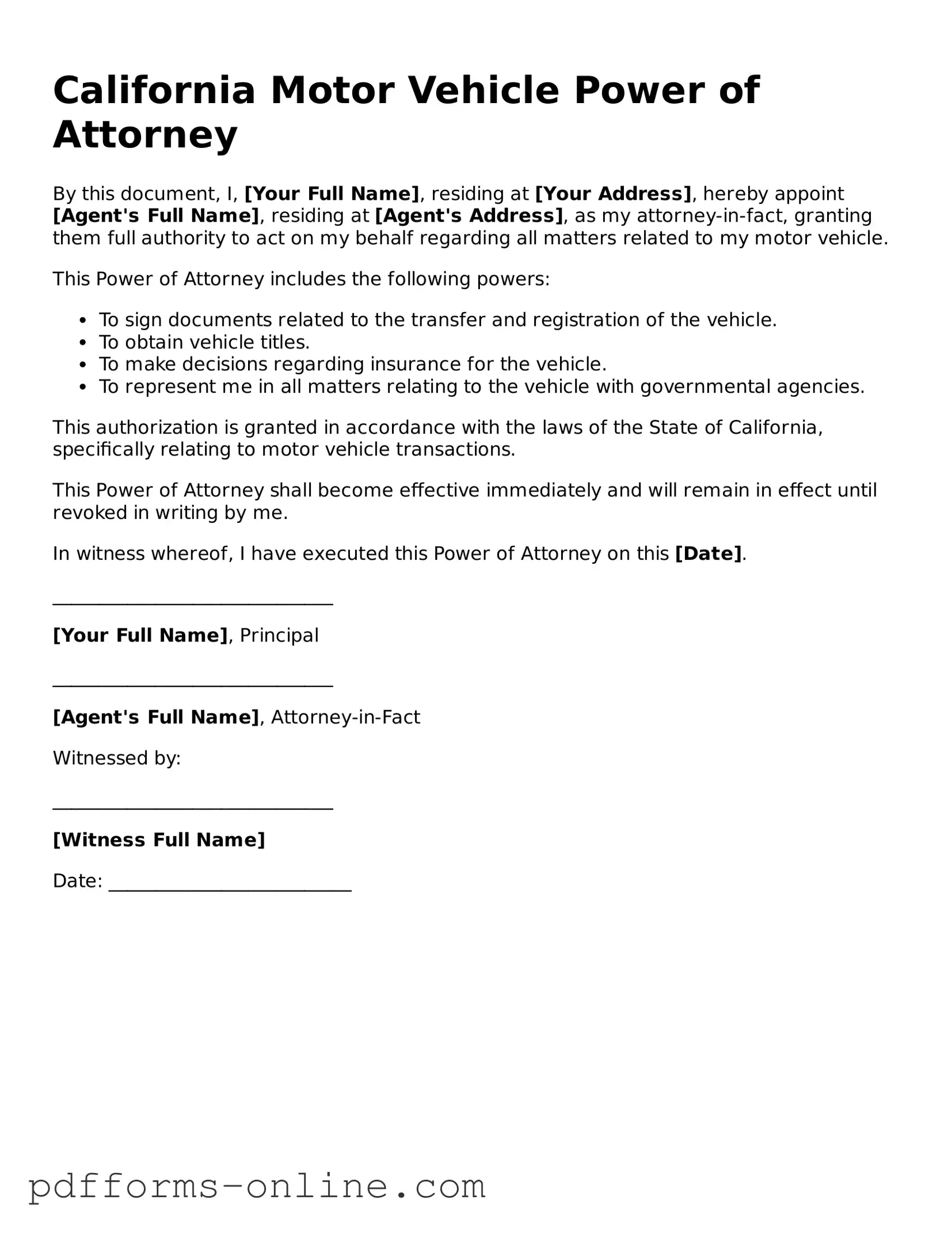 Valid California Motor Vehicle Power of Attorney Template