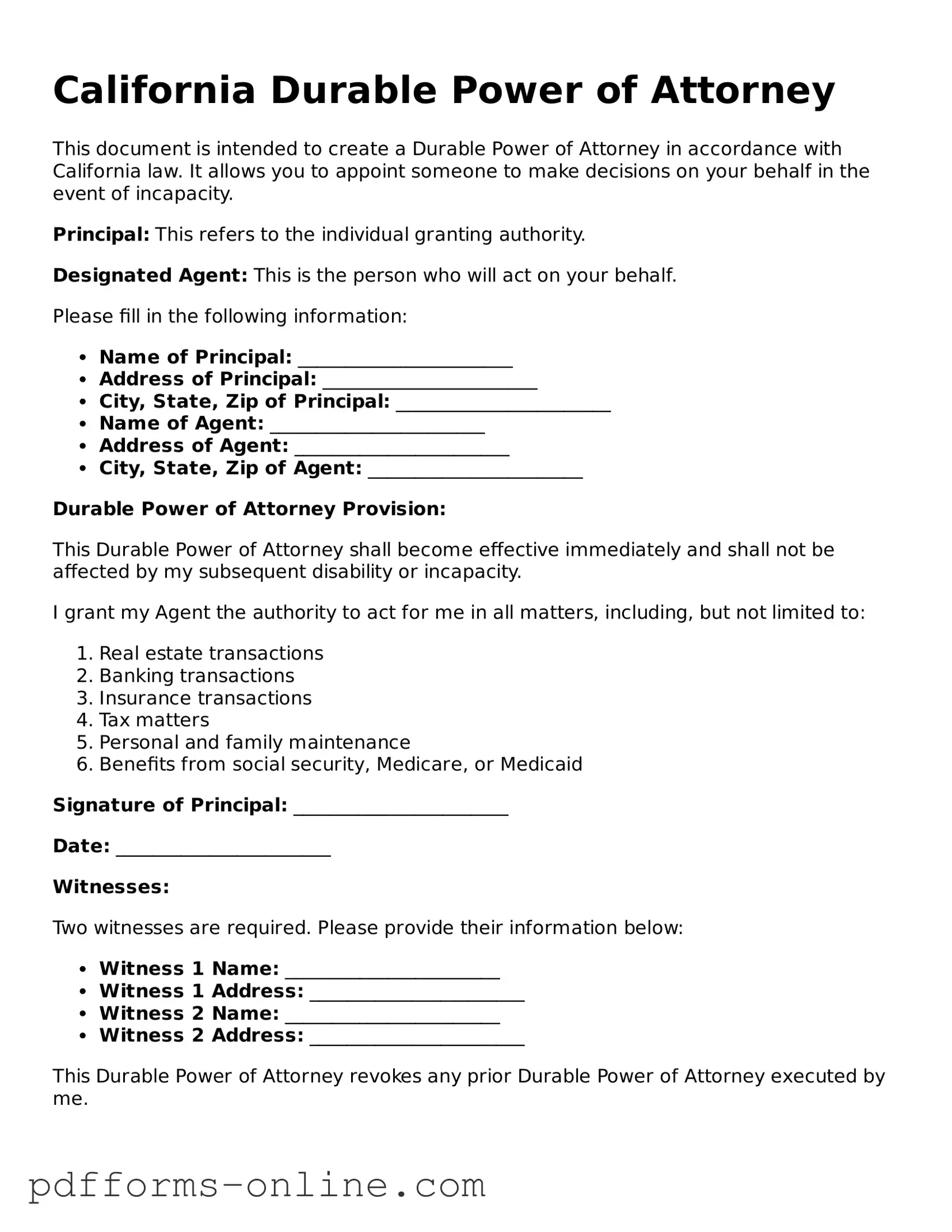 Valid California Durable Power of Attorney Template