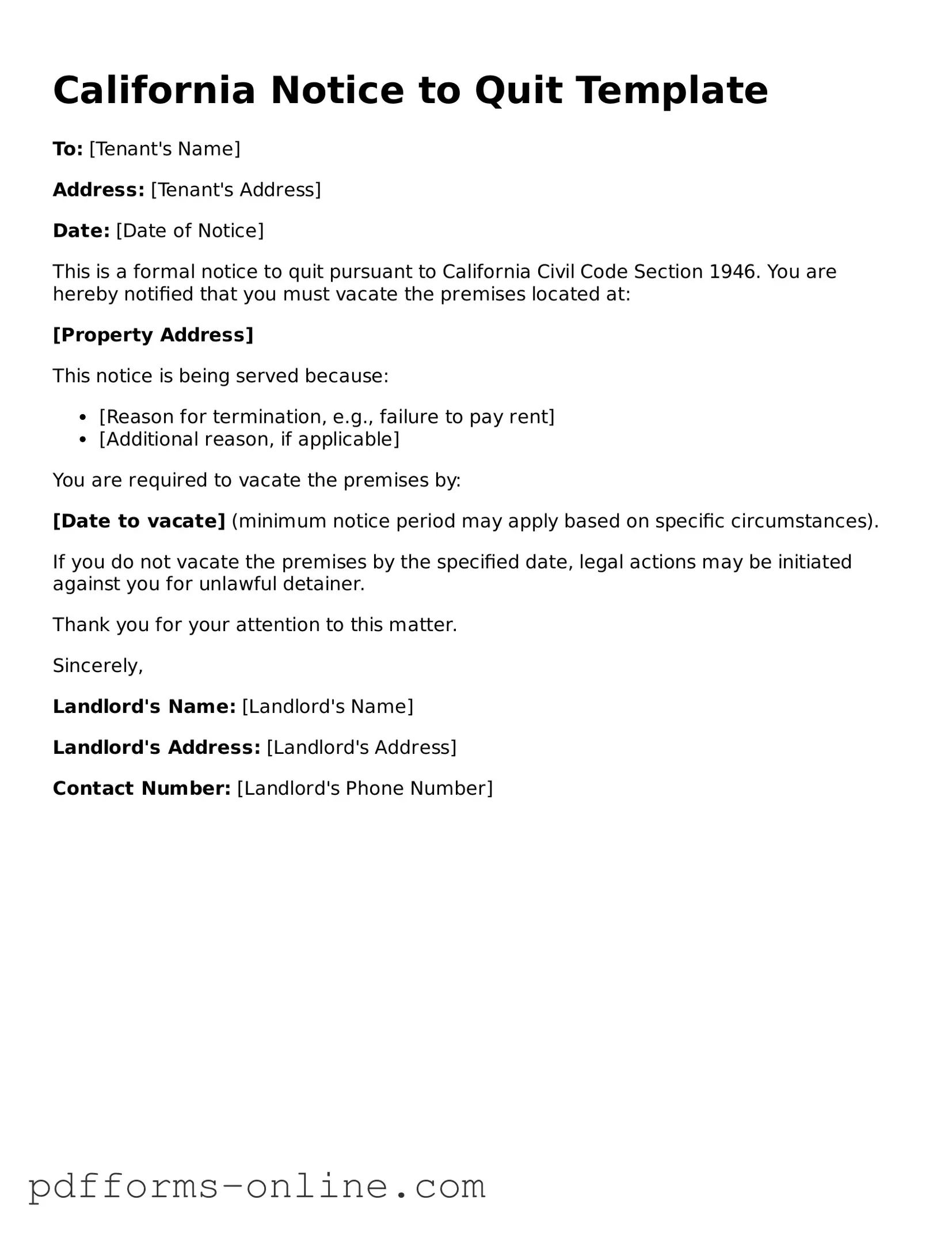 Valid California Notice to Quit Template