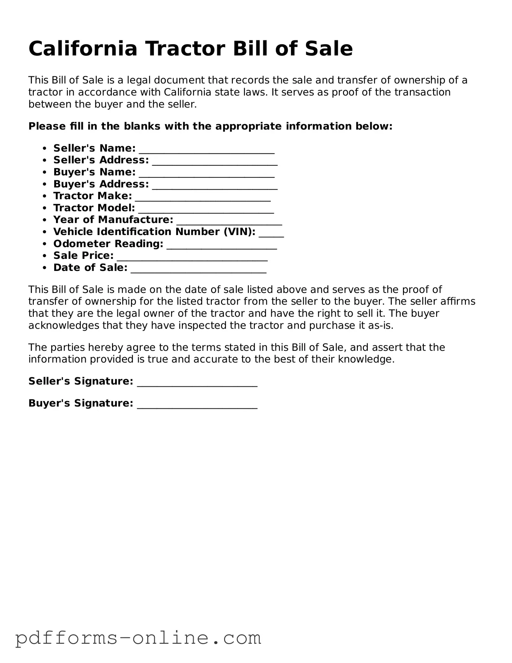 Valid California Tractor Bill of Sale Template