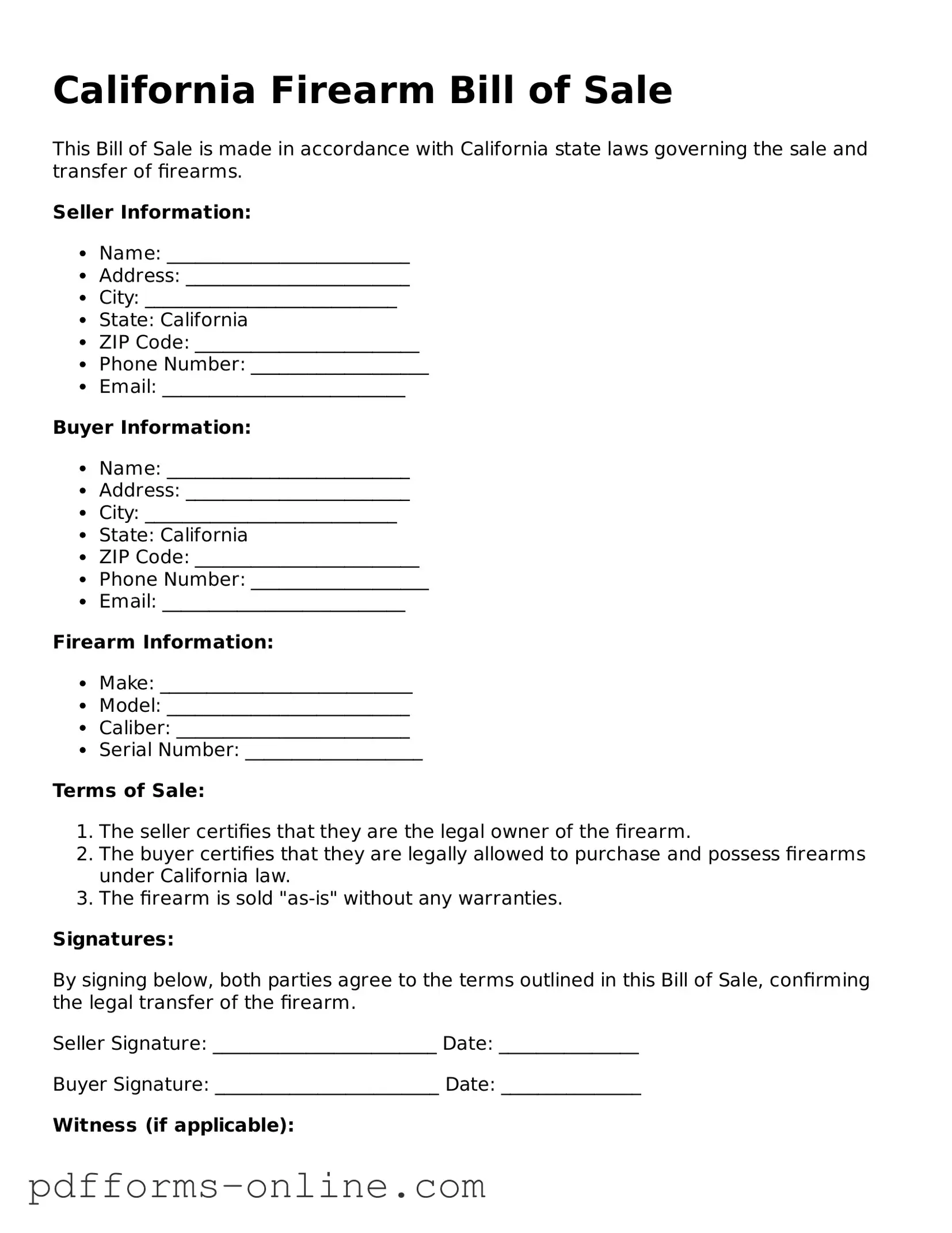 Valid California Firearm Bill of Sale Template