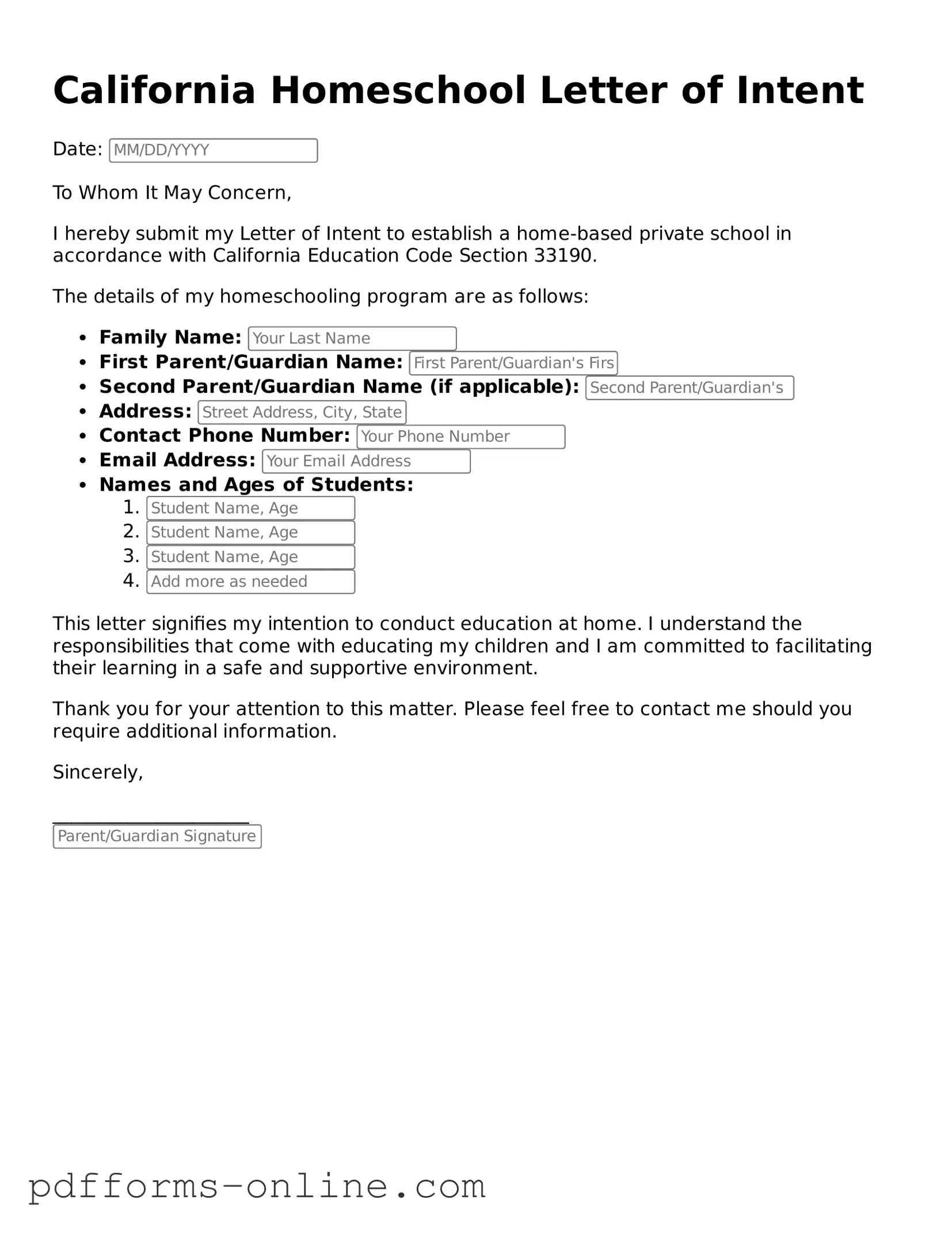 Valid California Homeschool Letter of Intent Template