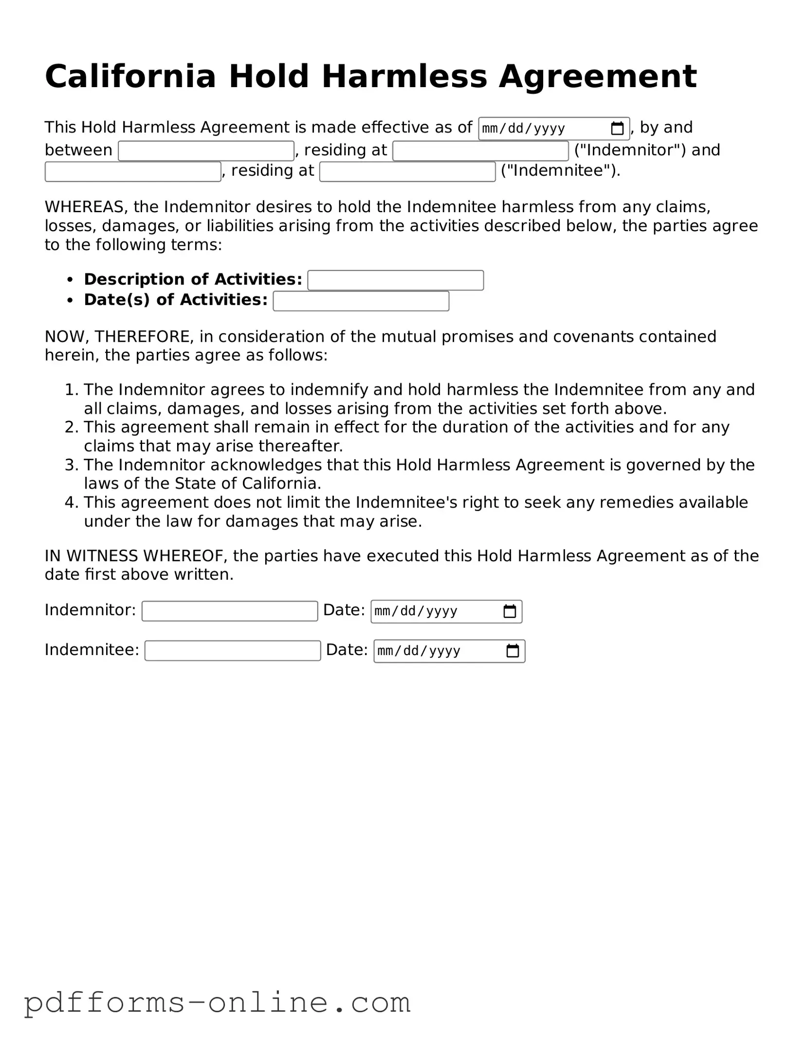 Valid California Hold Harmless Agreement Template