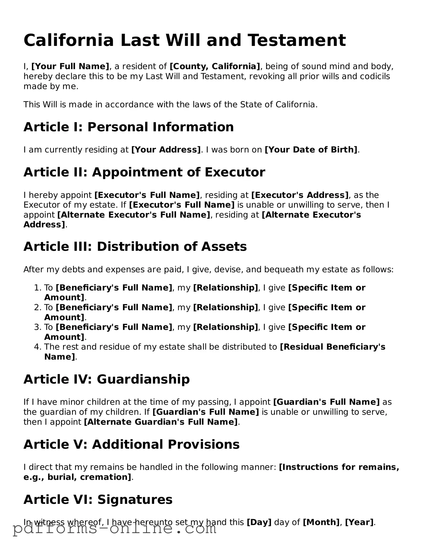 Valid California Last Will and Testament Template