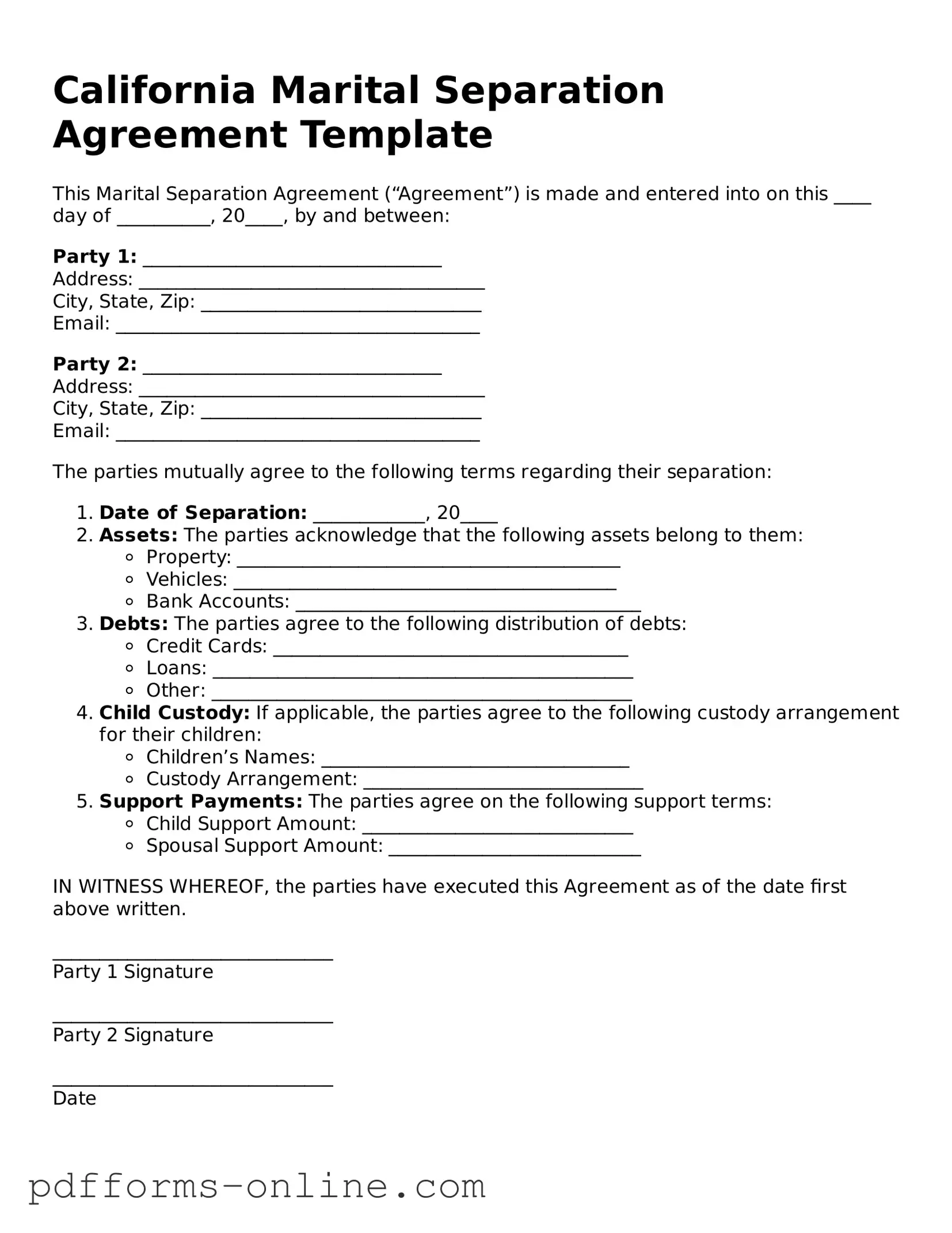 Valid California Marital Separation Agreement Template