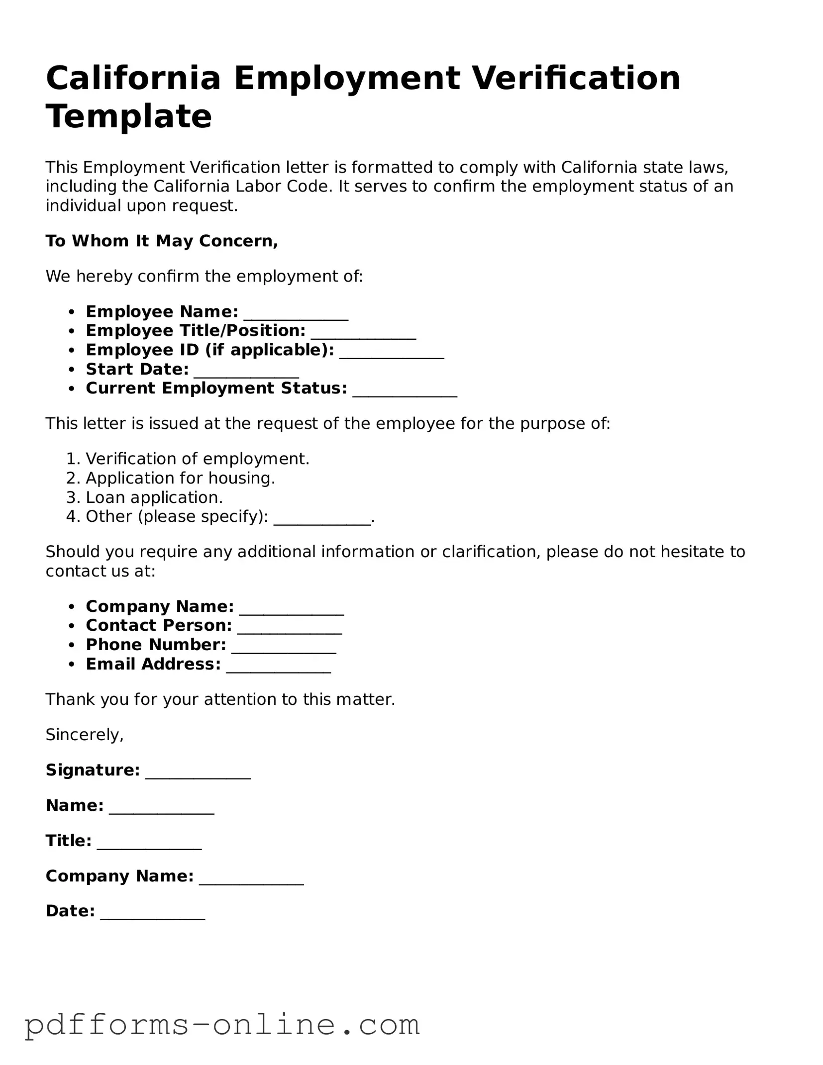Valid California Employment Verification Template