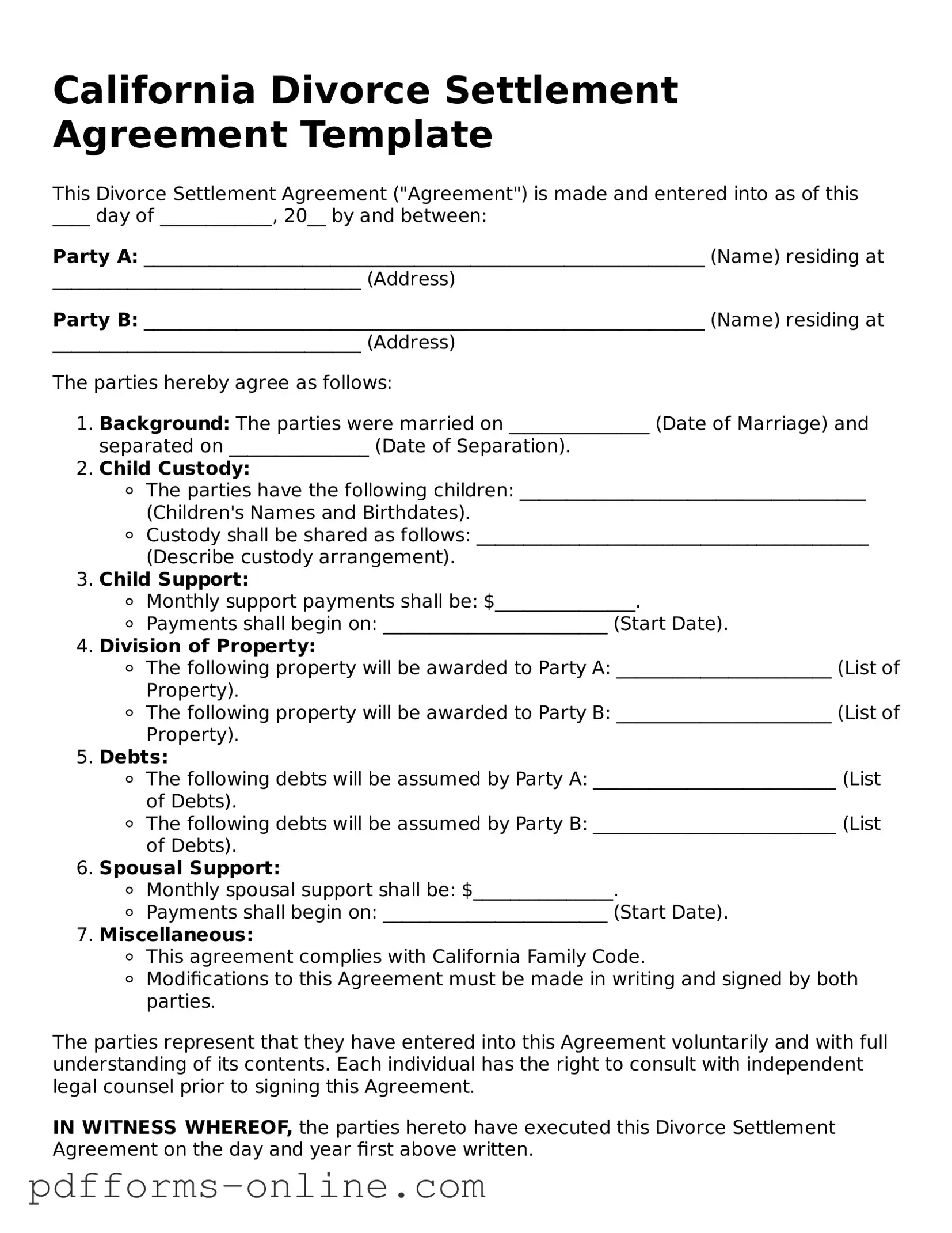 Valid California Divorce Settlement Agreement Template