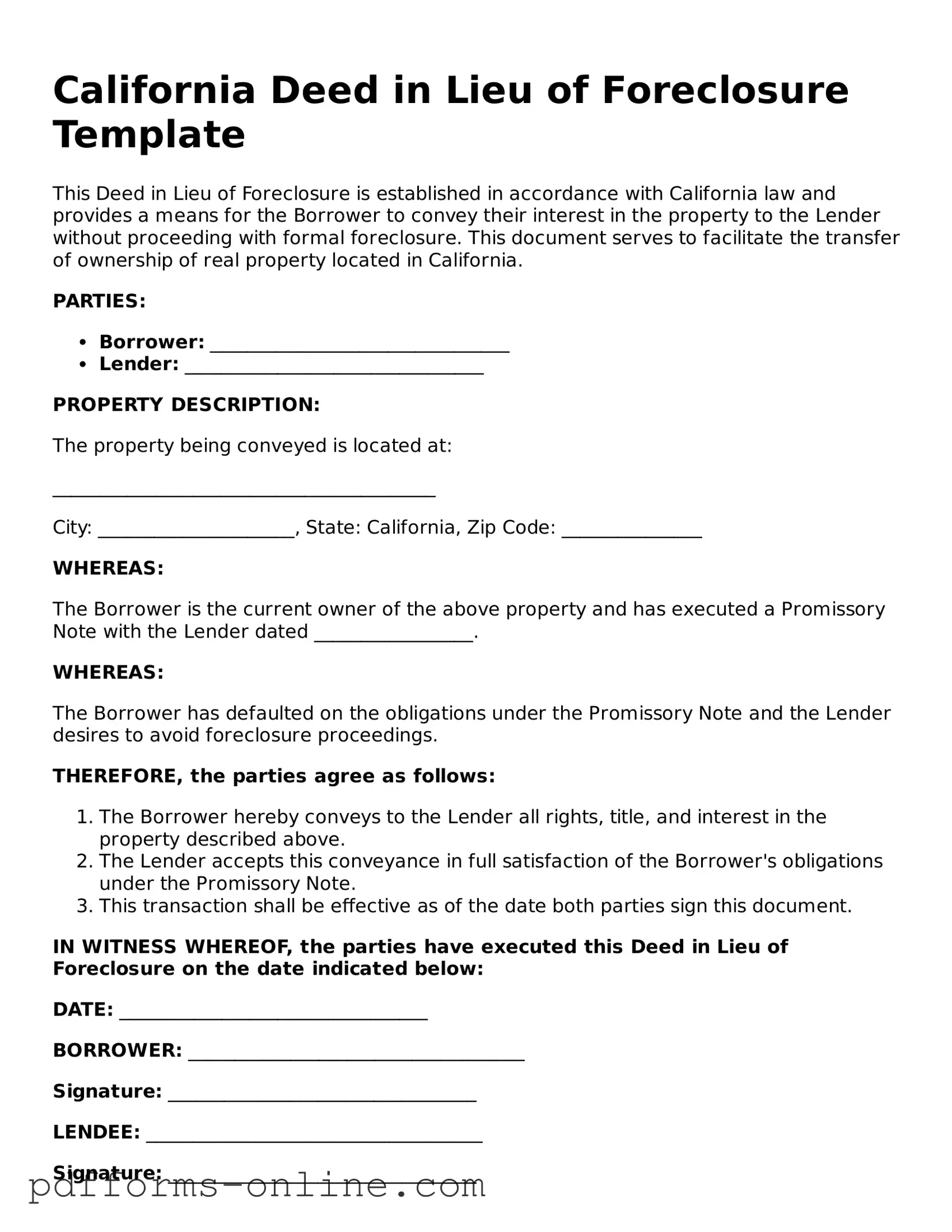 Valid California Deed in Lieu of Foreclosure Template