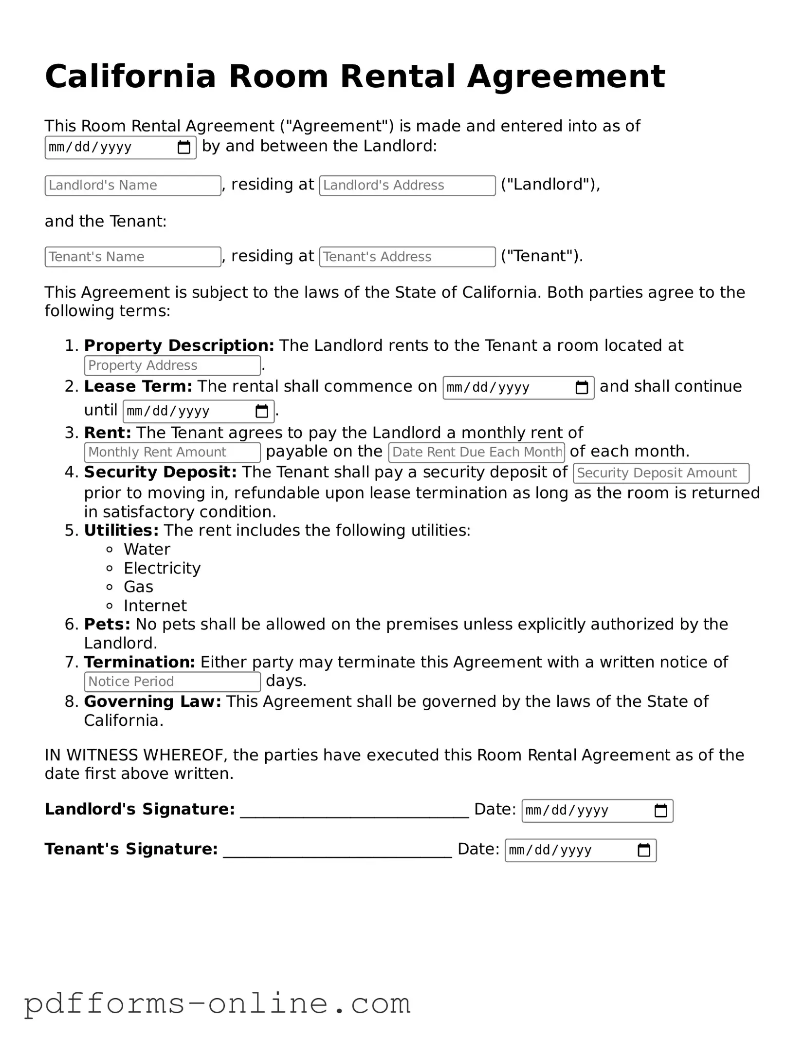 Valid California Room Rental Agreement Template