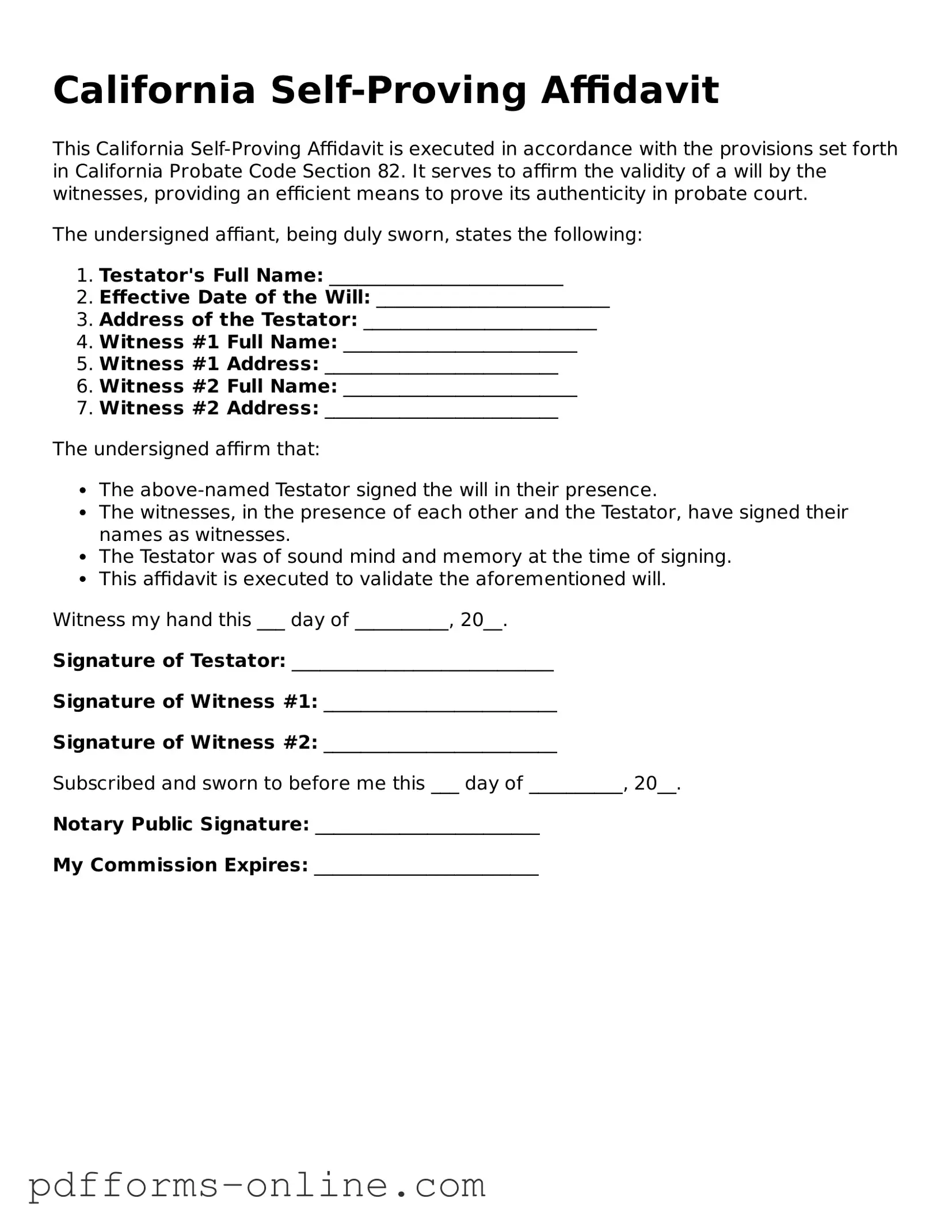 Valid California Self-Proving Affidavit Template