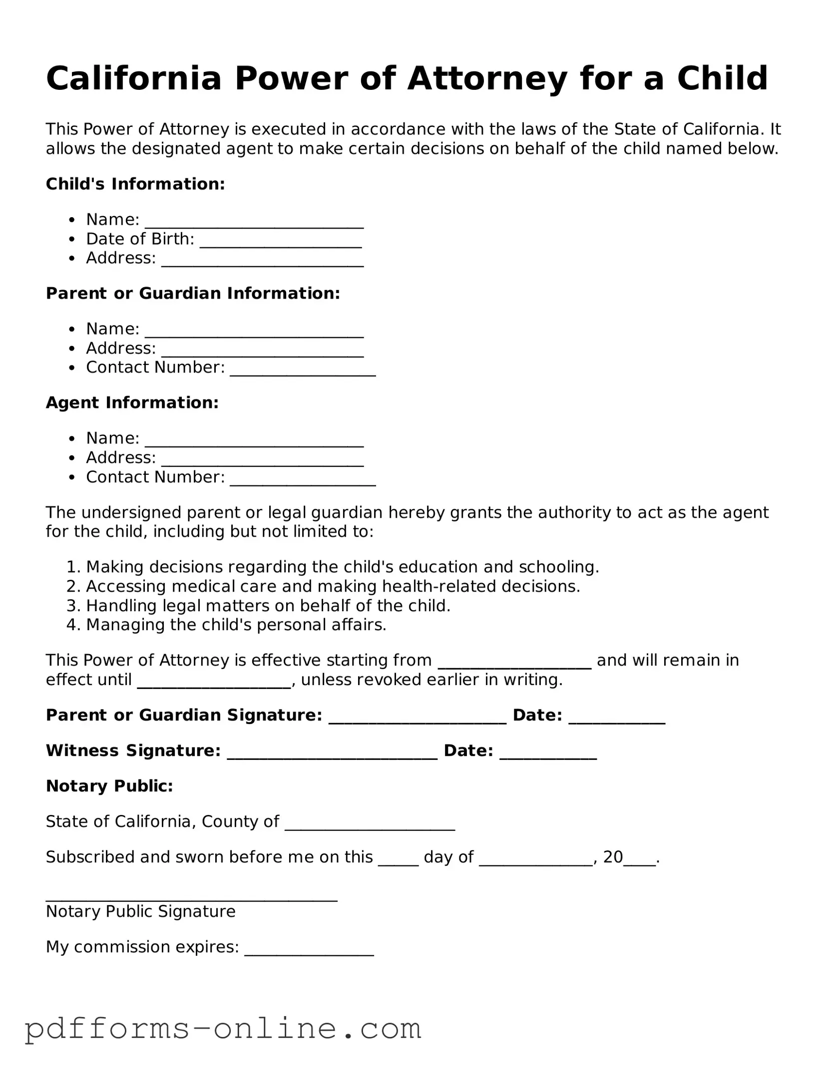 Valid California Power of Attorney for a Child Template